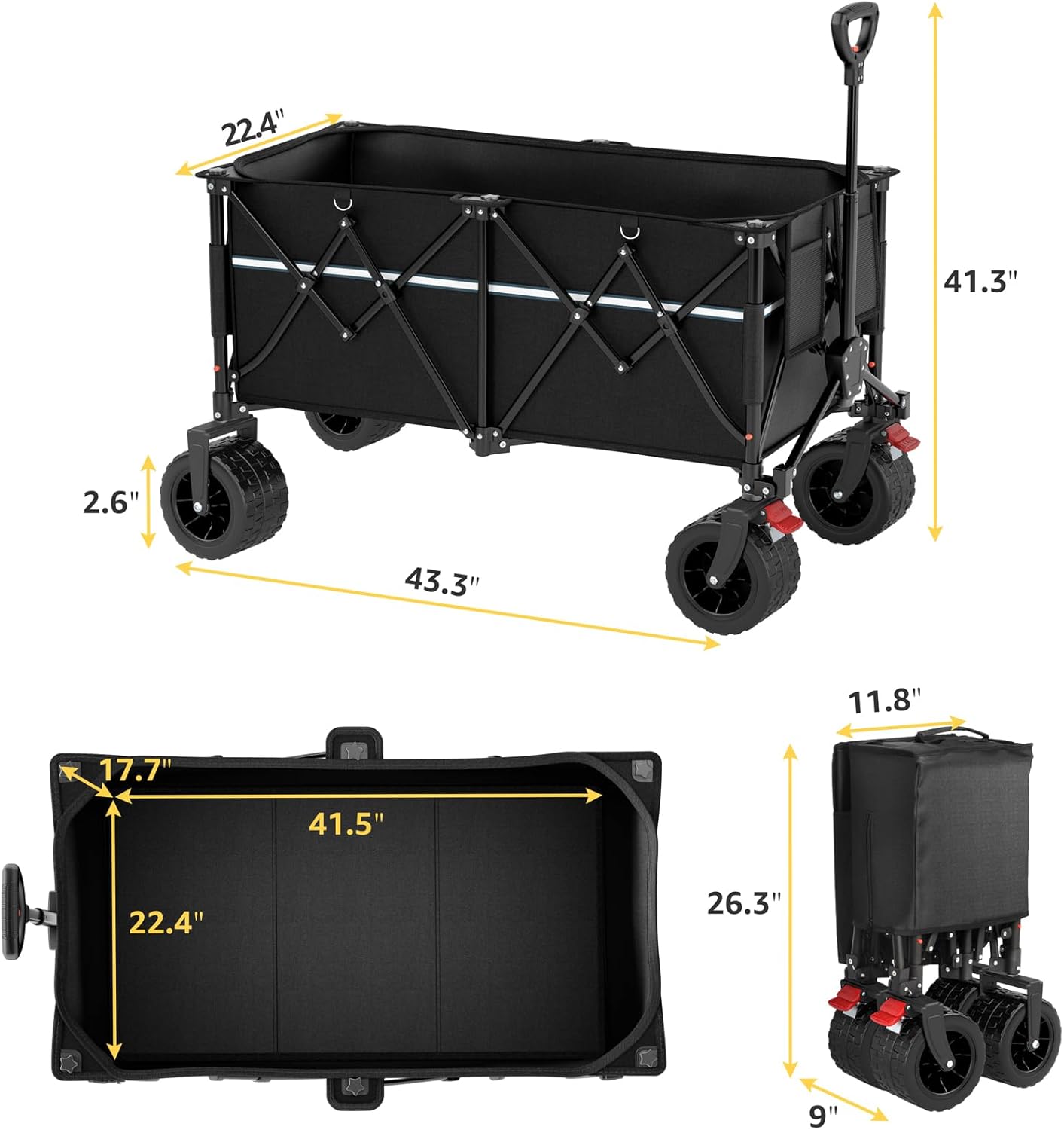 Collapsible Wagon Cart with Wheels Foldable - Folding Utility Heavy Duty Wagons Carts for Grocery Sports Garden