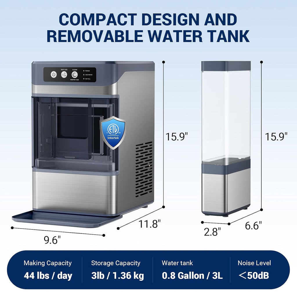 Nugget Ice Maker, 44Lbs/24H Ice Maker Countertop with 3L+1.2L Water Tanks