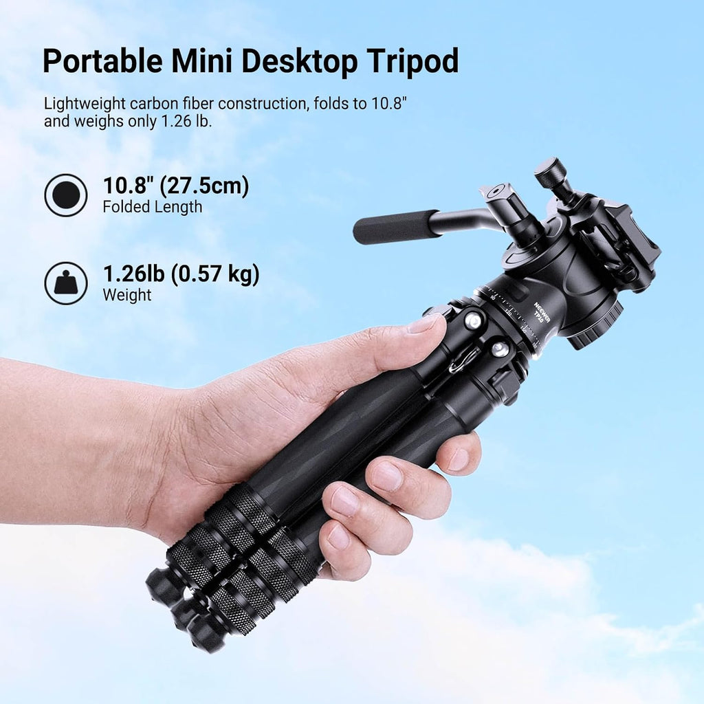 Carbon Fiber Desktop Mini Tripod for Camera, Tabletop Portable Travel Tripod with Video Fluid Head, QR Plate for