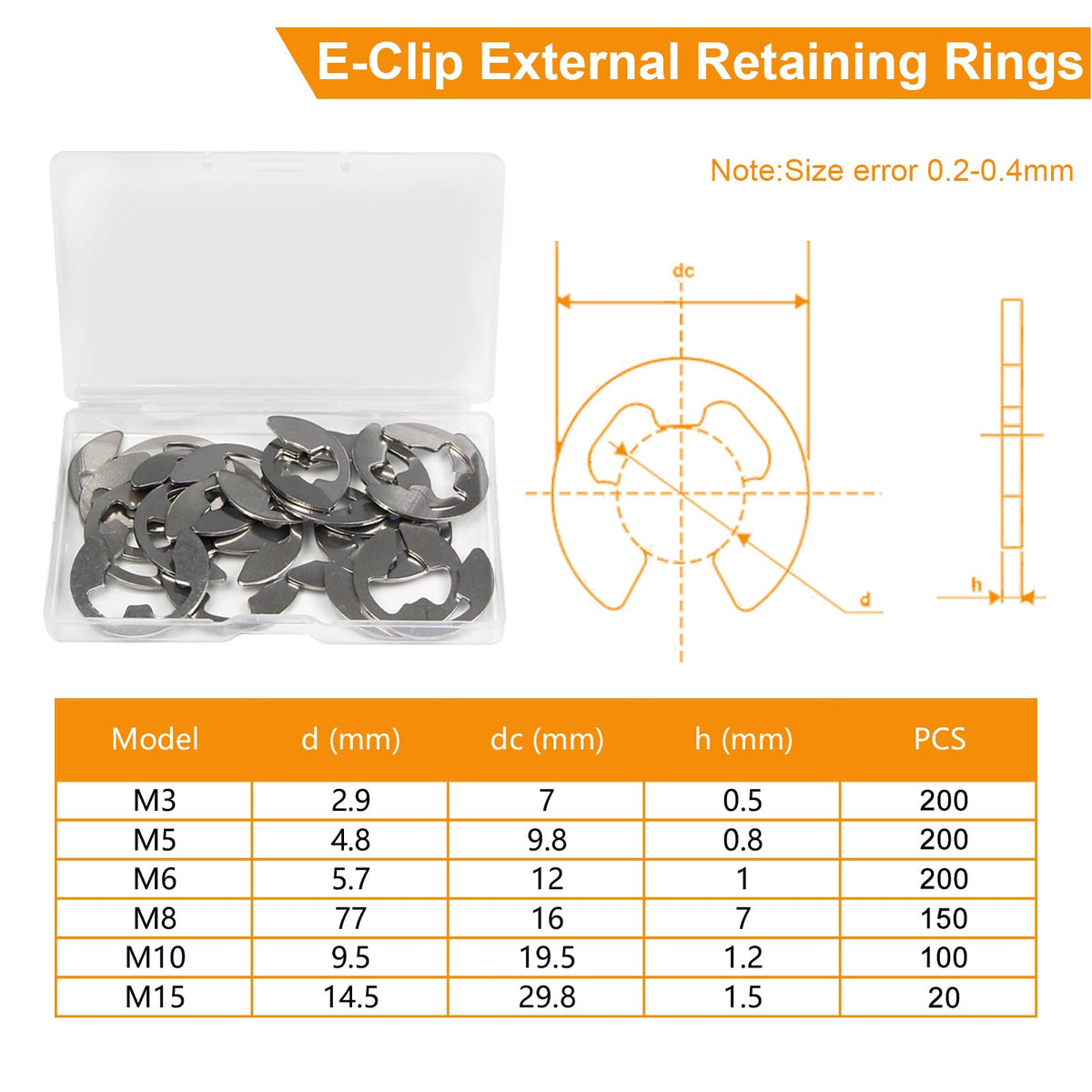 Juvielich 20Pcs M15 E-Clip Circlip, 304 Stainless Steel Snap Rings
