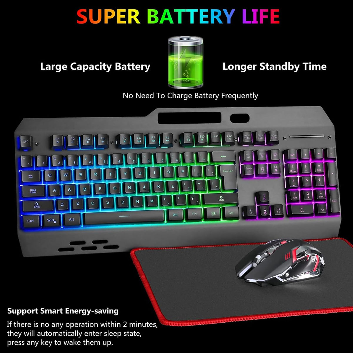 Wireless RGB Gaming Keyboard and Mouse - Rechargeable Backlit,Long Battery Life,Metal Panel Mechanical Feel with Palm