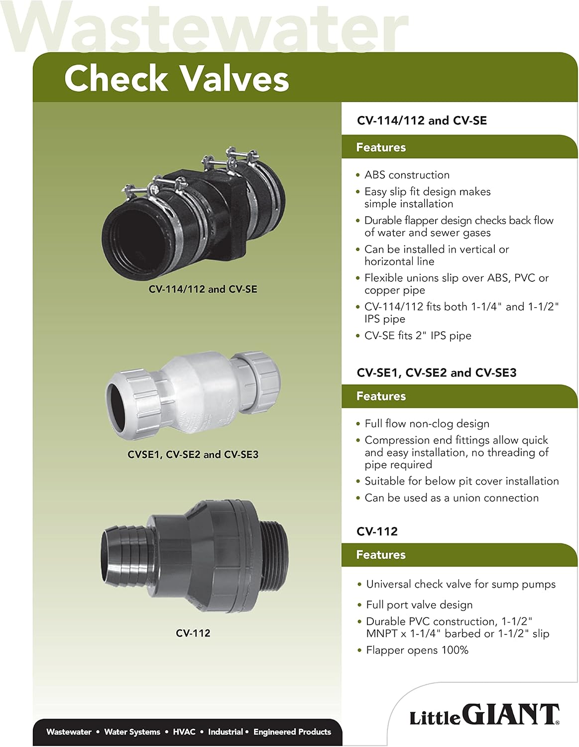 Little Giant CV-114/112, 1-14" and 1-1/2" ABS Sump Pump Check Valve