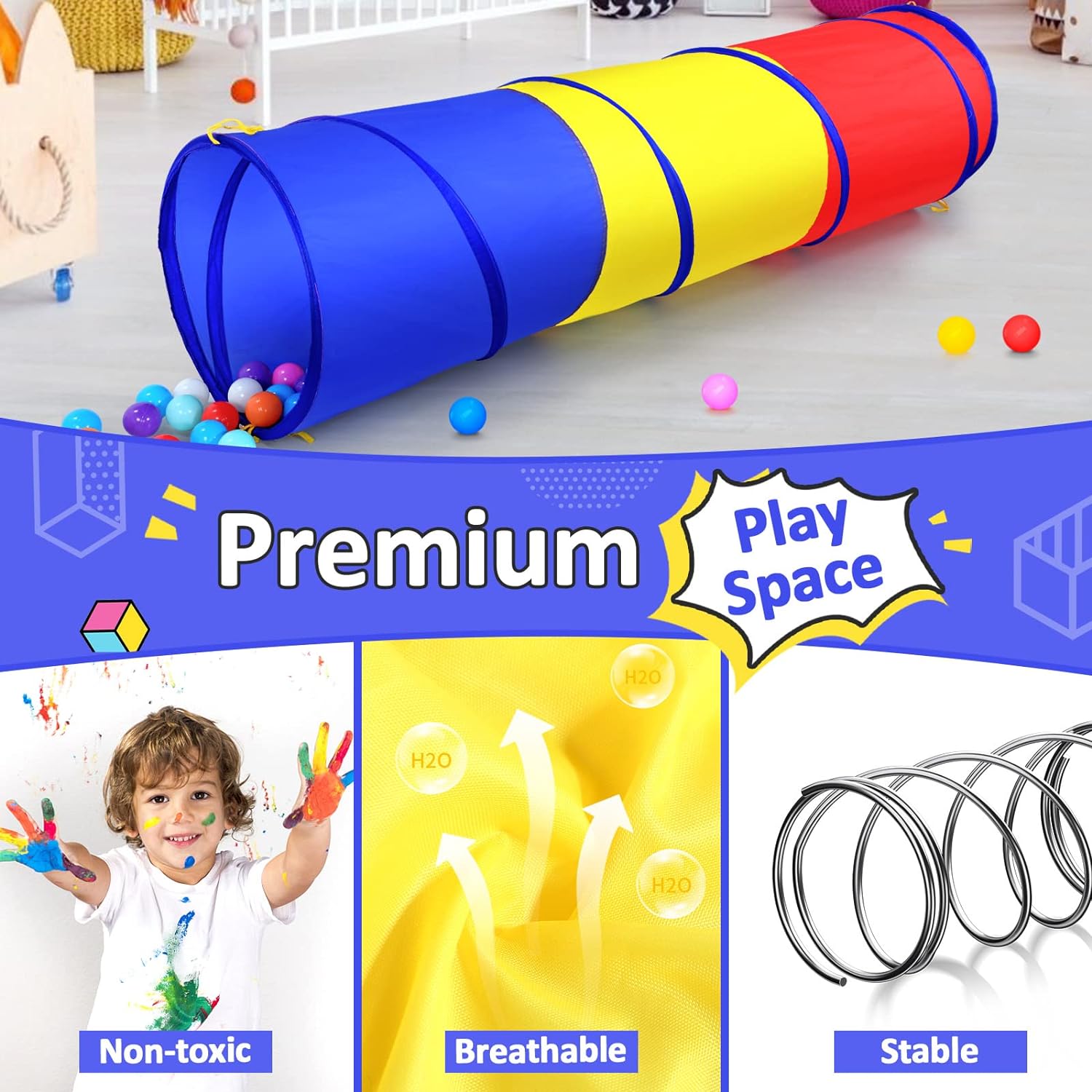 Pop Up Play Tunnel Tent for Toddlers Babies or Dogs, Indoor & Outdoor Toys for Kids Backyard Playset. (Red,Yellow,Blue)