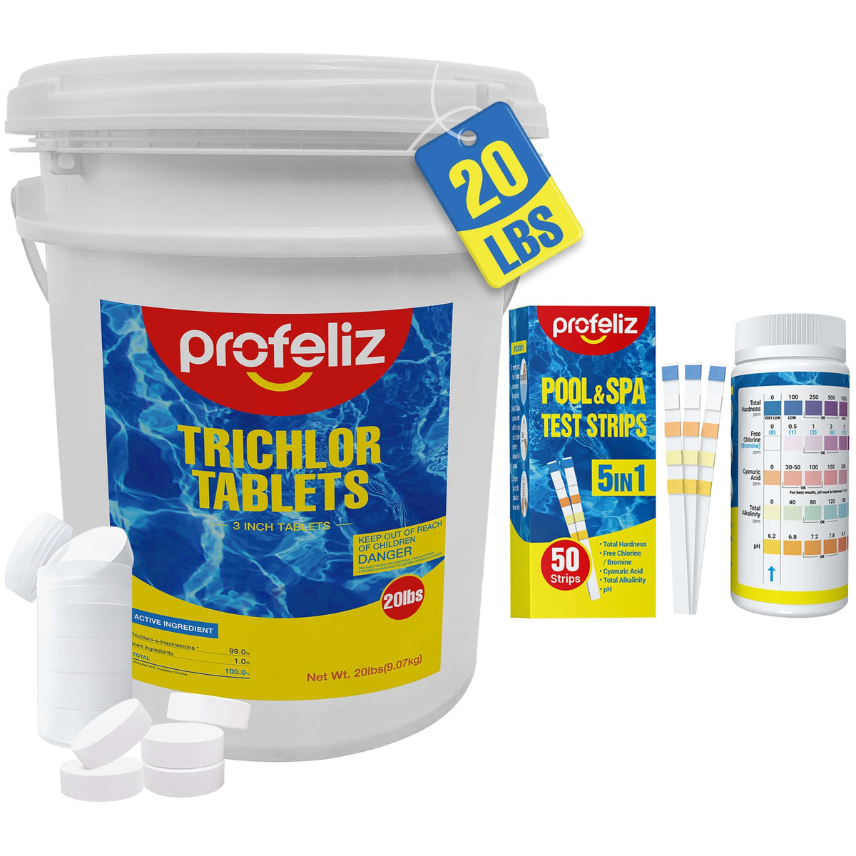 Chlorine Tablets 3 Inch,20lb & Test Strips Kit Exclusive Packaging