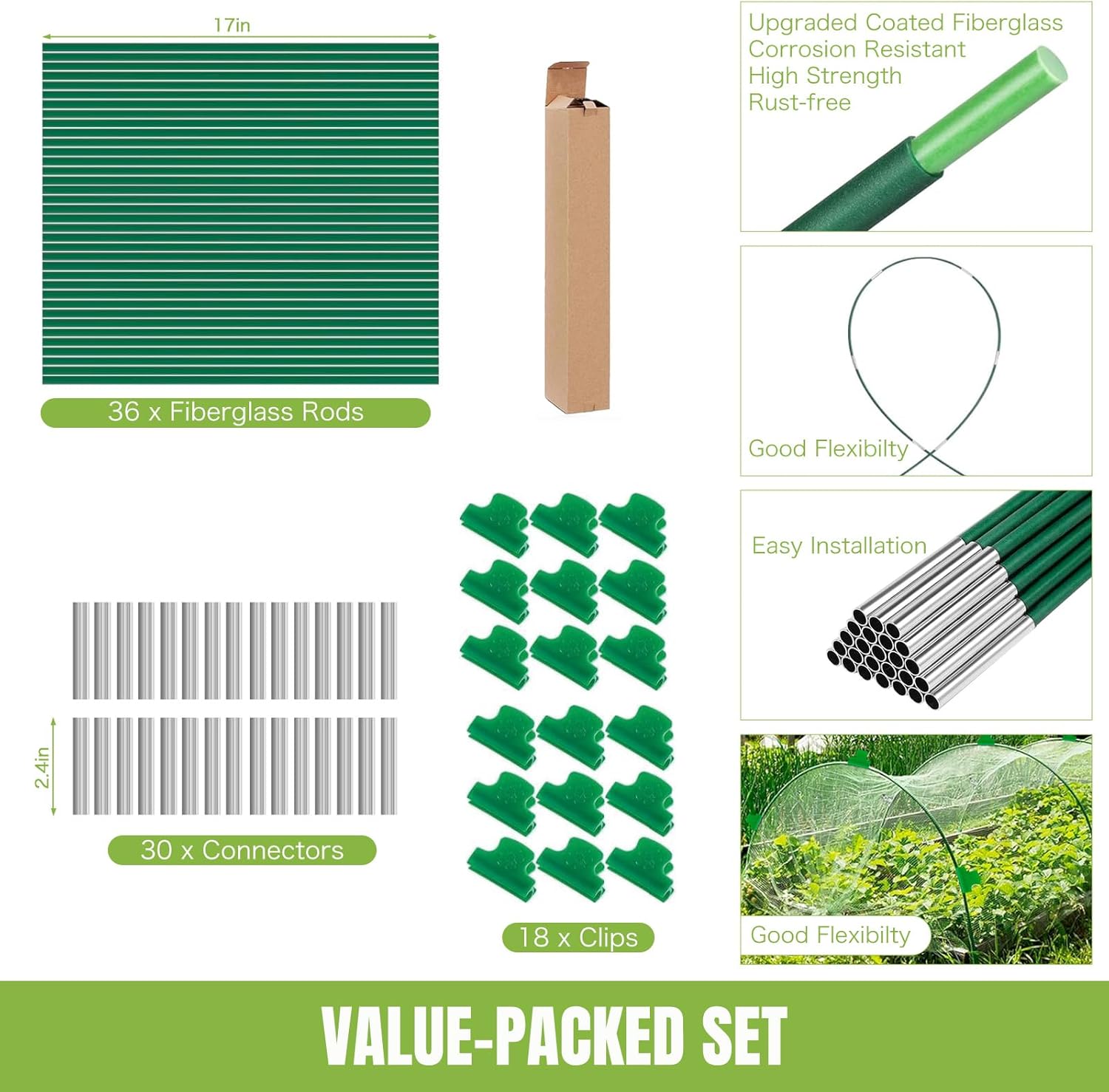 Garden Hoops for Raised Beds, 36pcs (6 Sets of 8ft) Fiberglass Hoops with PVC Coating, DIY Greenhouse Tunnel for Row