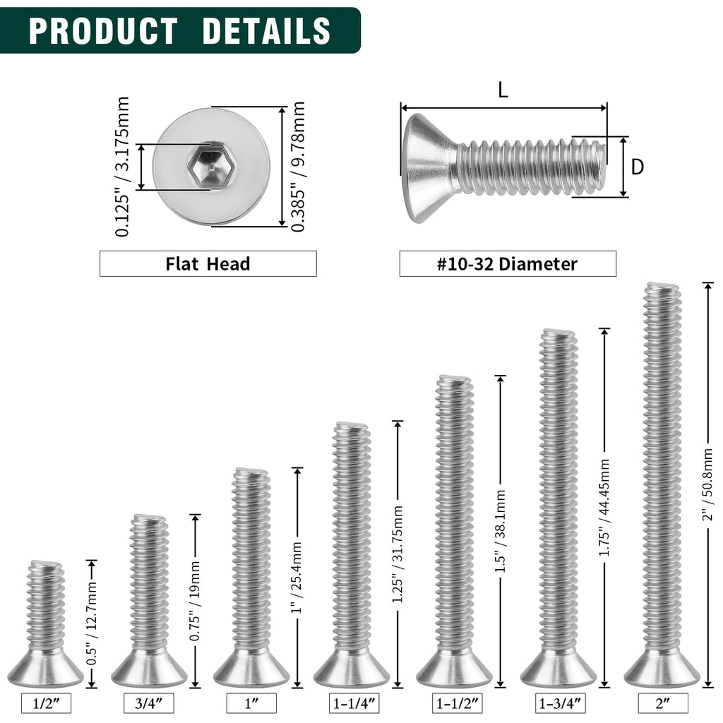 #10-32 x 3/4" Flat Countersunk Head Socket Cap Screws, 304 Stainless Steel 18-8 SS, Full Machine Thread Coverage, Allen Hex Drive, 50 PCS