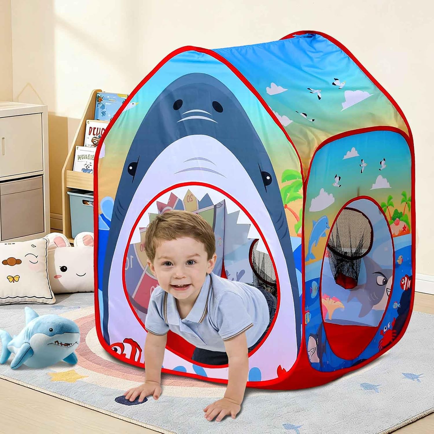 Shark Kid Play Tent Pop up Tent Play Tunnel Indoor and Outdoor Playhouse for Kid Beanbag Toss Game for Team