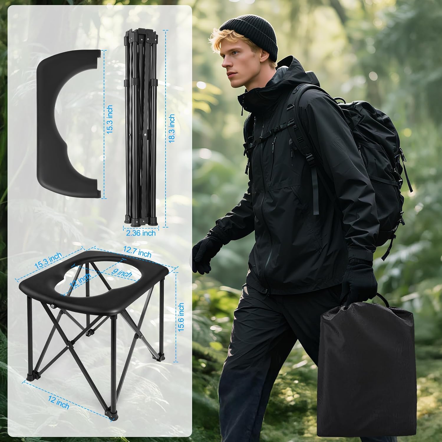 15.6'' Portable Toilet for Camping, Ultralight Foldable Camping Toilet 2-Second Setup, 350LBS Portable Potty for