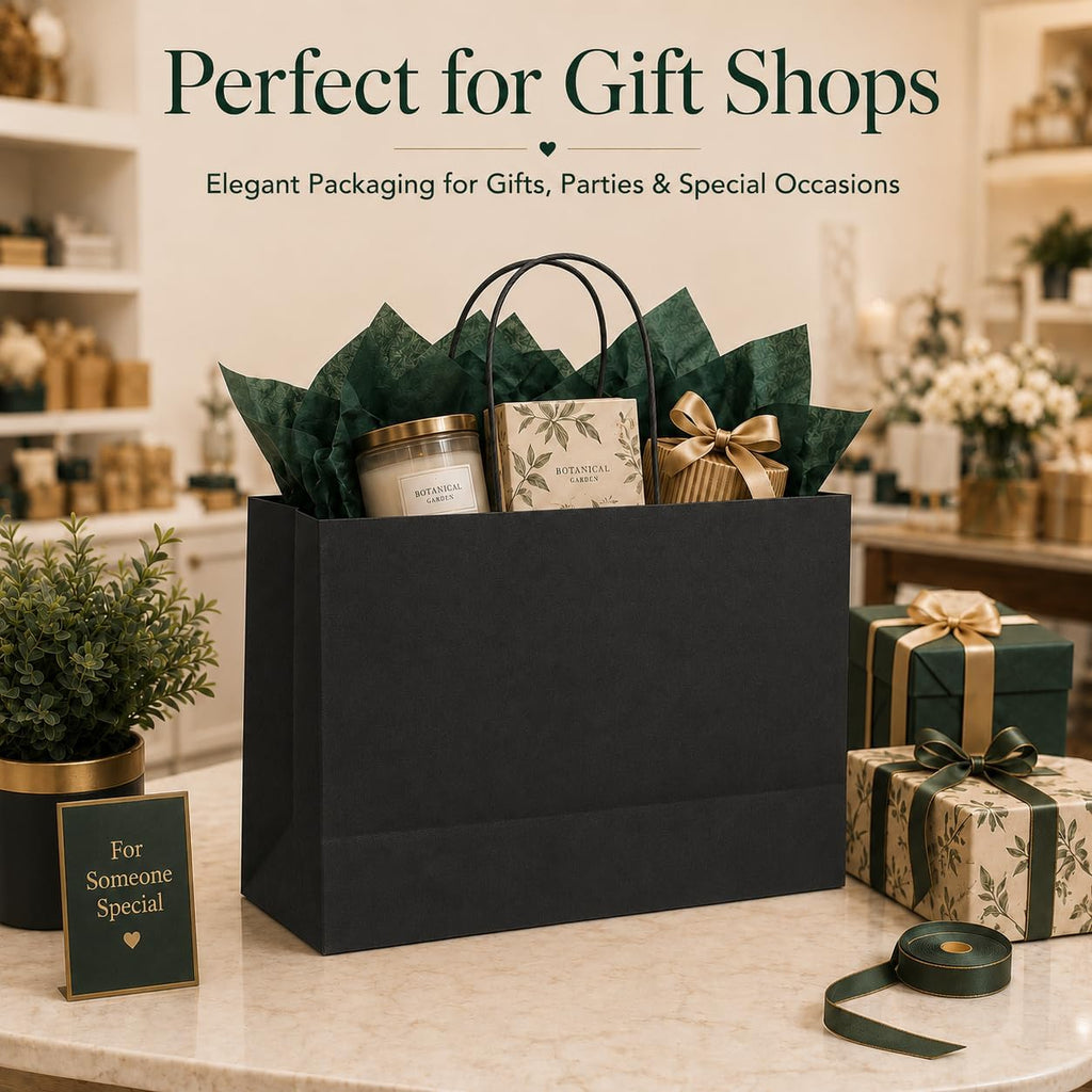 Black Paper Bags with Handles, Large Shopping Bags 16x6x12, 100 Pack