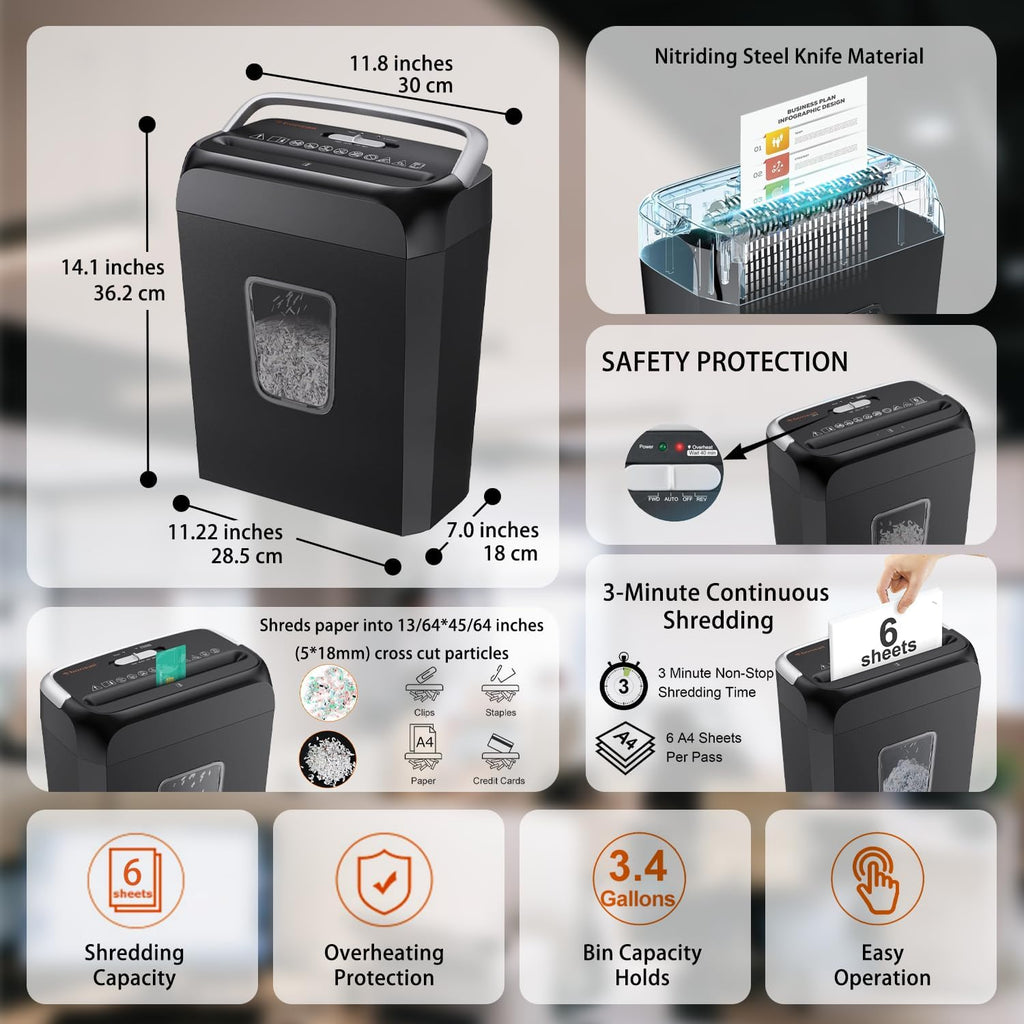Paper Shredder for Home Office, 6-Sheet Cross-Cut, Shreds Paper, Credit Cards, Mail, Staples & Clips, 3.4-Gallon
