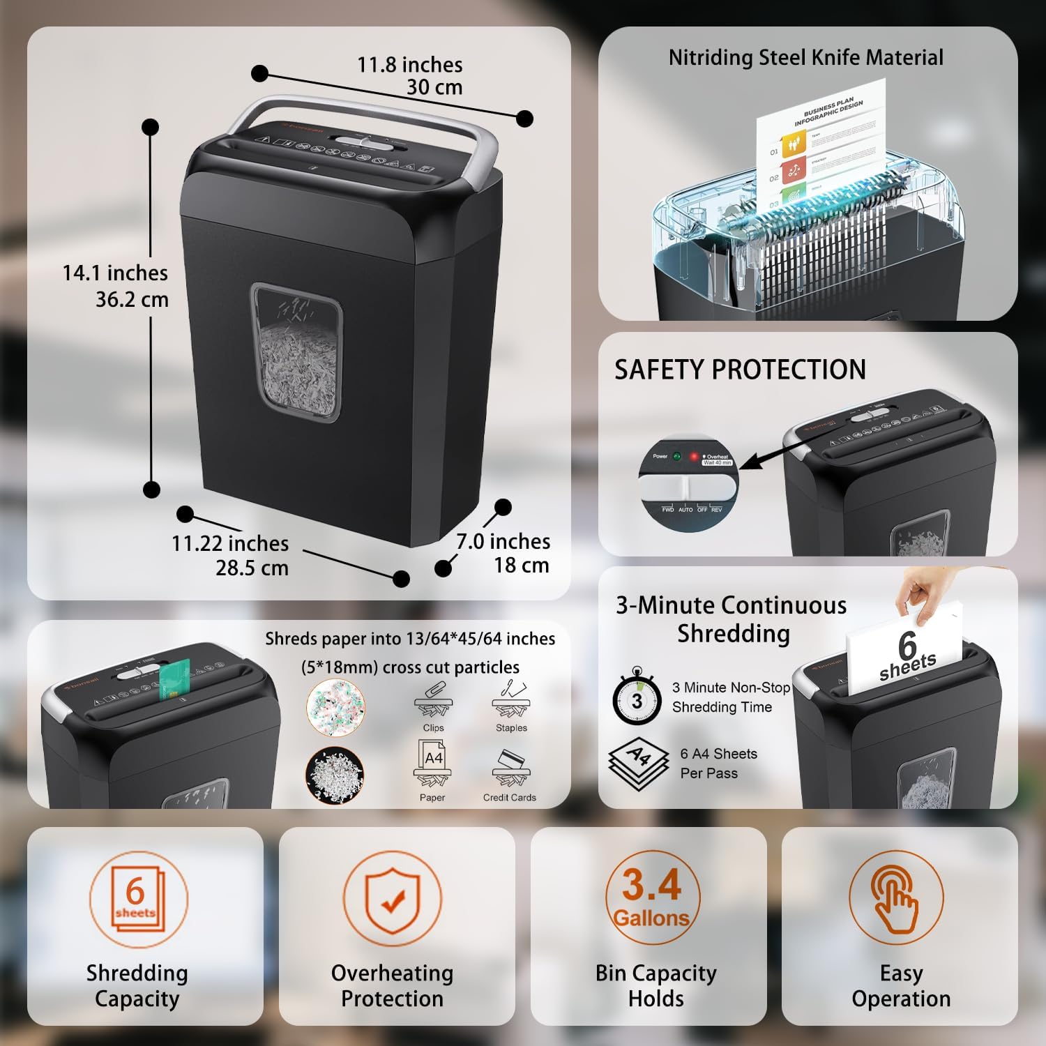 Paper Shredder for Home Office, 6-Sheet Cross-Cut, Shreds Paper, Credit Cards, Mail, Staples & Clips, 3.4-Gallon