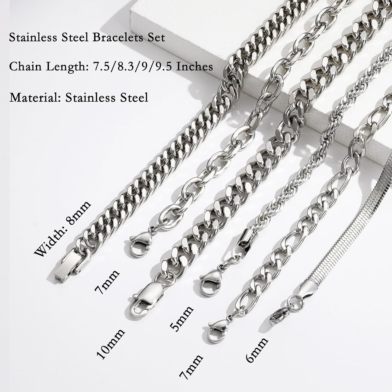 6 Pcs Chain Bracelet for Men, Stainless Steel Cuban Curb Link Rope Paperclip Figaro Herringbone Chain Bracelets Set