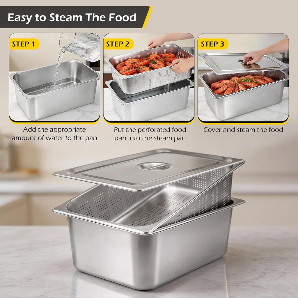 Hotel Pans with Lids Full Size 6 Inch, 8 Inch Steam Table Pans