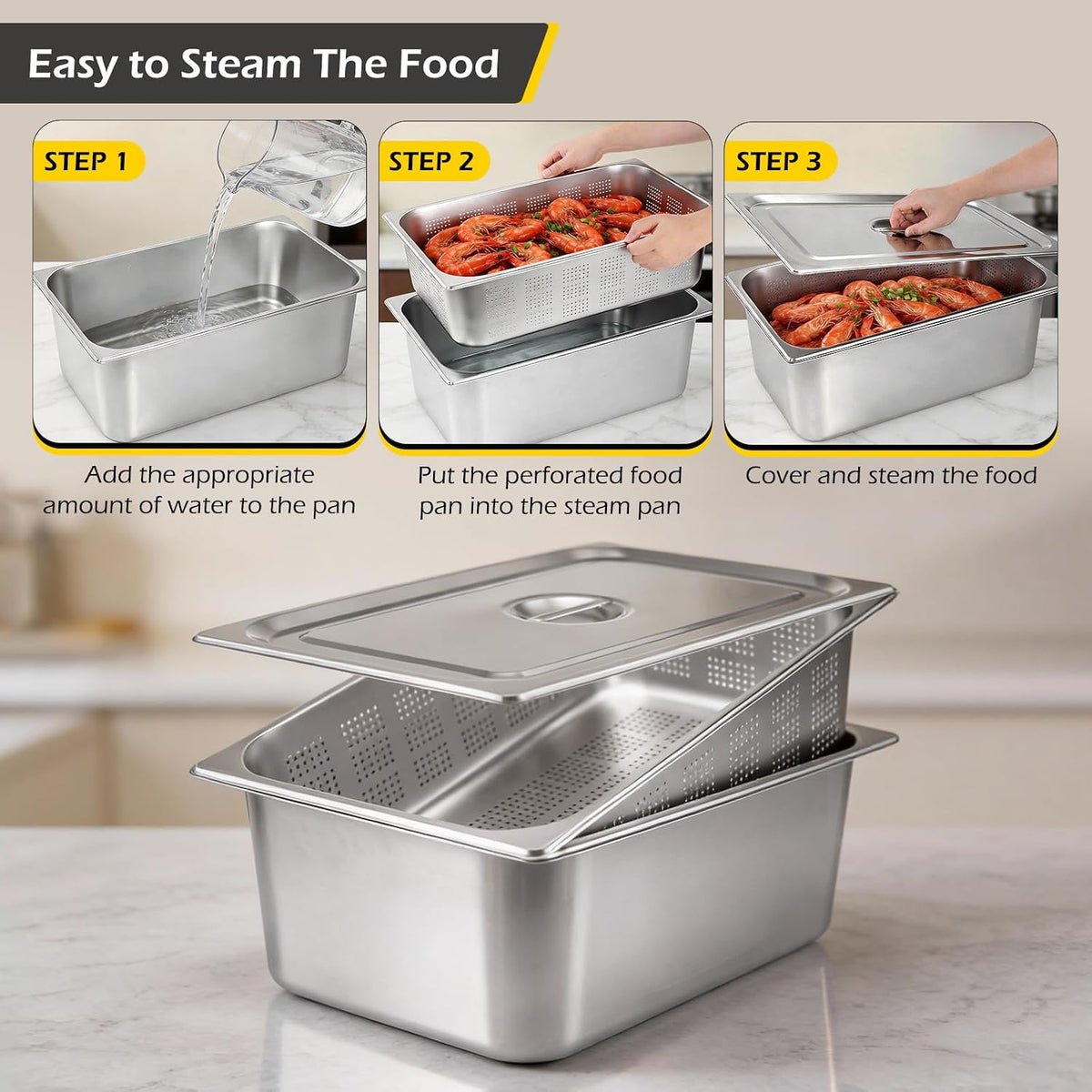 Hotel Pans with Lids Full Size 6 Inch, 8 Inch Steam Table Pans