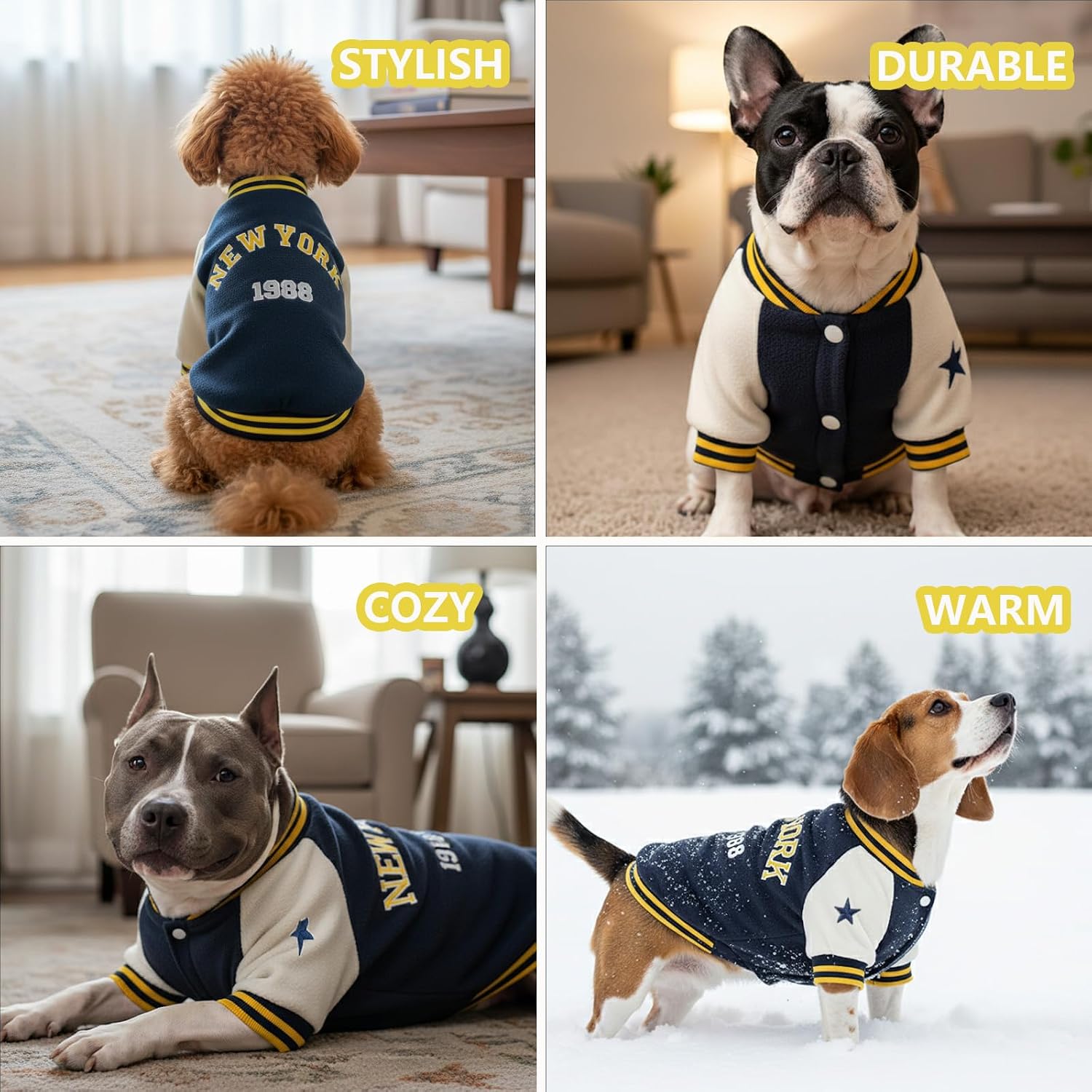Small Dog Fleece Varsity Jacket for Winter, Warm Pet Coat with Snap Buttons, Cold Weather Heavyweight Coats for Cats