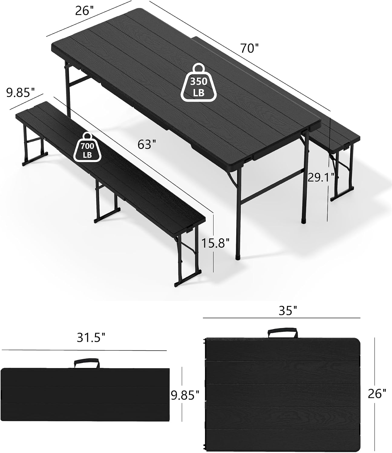 Folding Table with 2 Benches Set, 6FT Picnic Table with 2 Chairs, 3pcs Plastic Camping Tables and Foldable Bench Sets