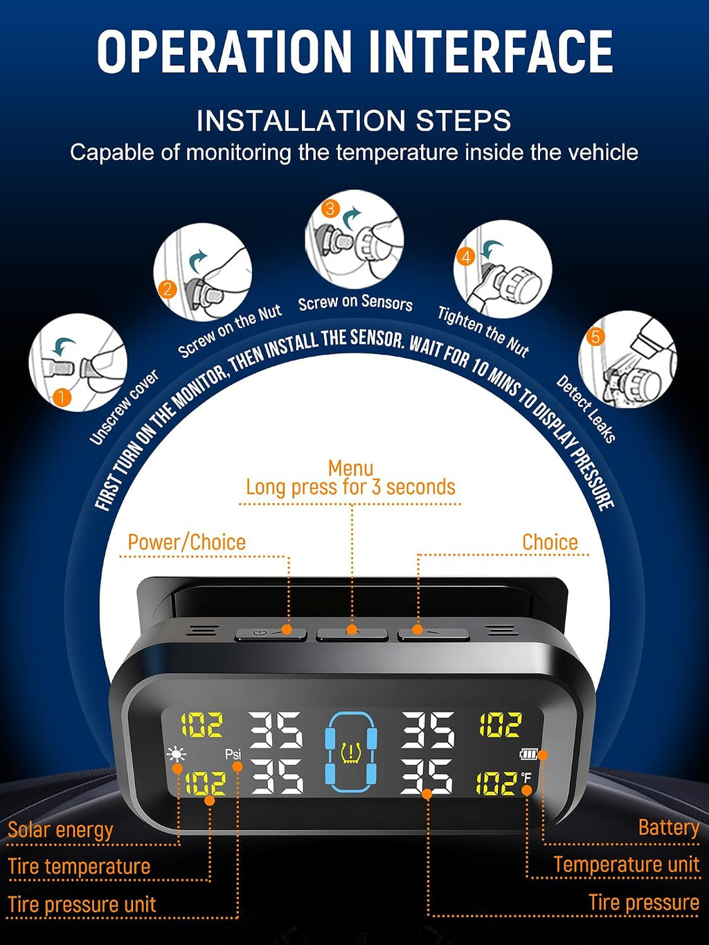 Tire Pressure Monitoring System with Solar & USB Charger-TPMS with 4 External Sensors & 6 Alarm Modes, LCD Display