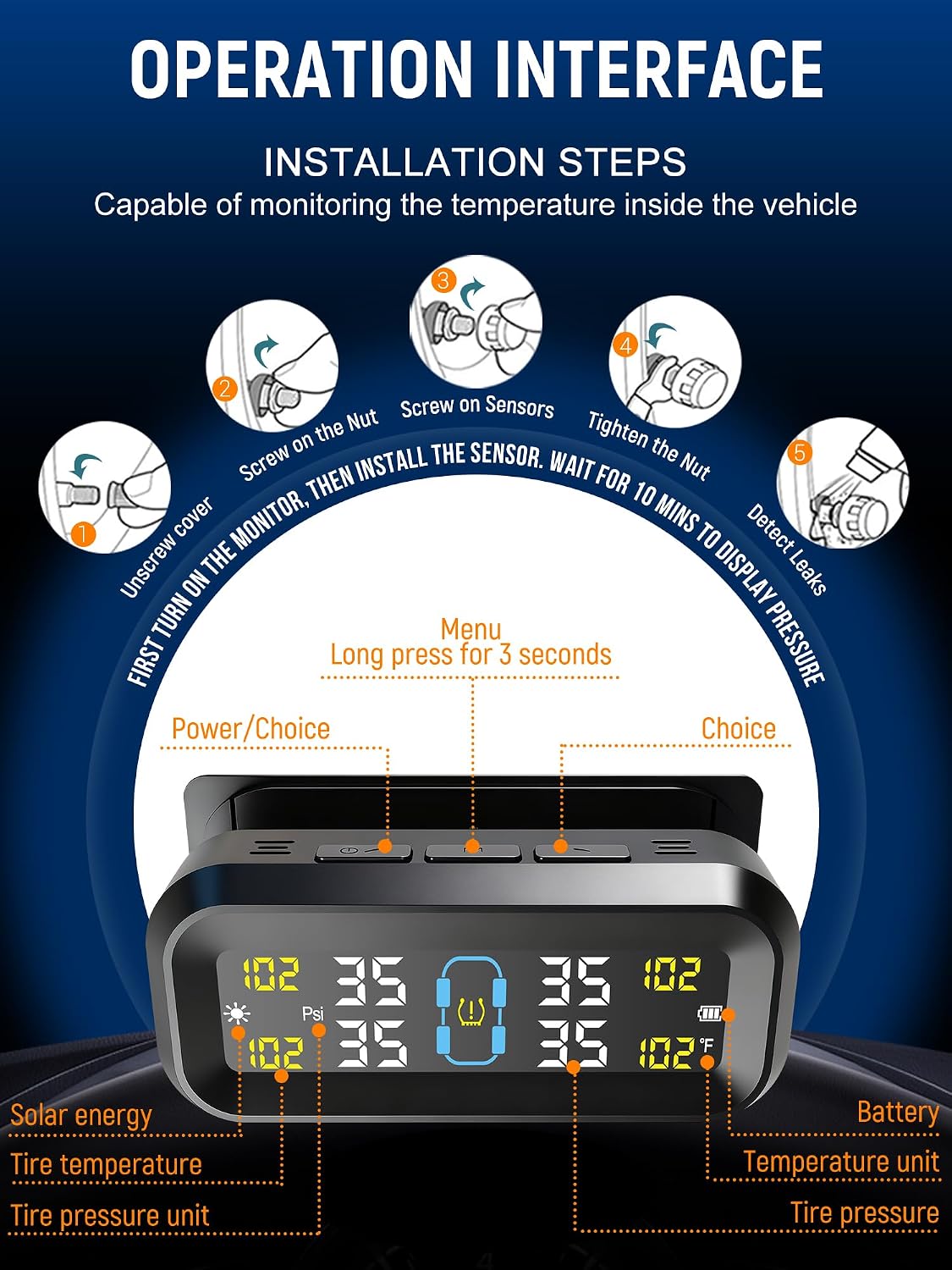 Tire Pressure Monitoring System with Solar & USB Charger-TPMS with 4 External Sensors & 6 Alarm Modes, LCD Display