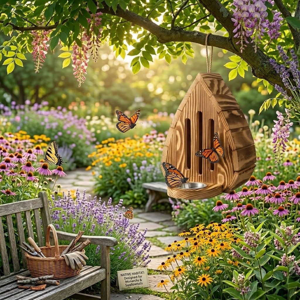 Torched Wood Butterfly House with Feeder, Hanging Insect Habitat for Garden Outdoor, 2-in-1 Backyard Pollinator