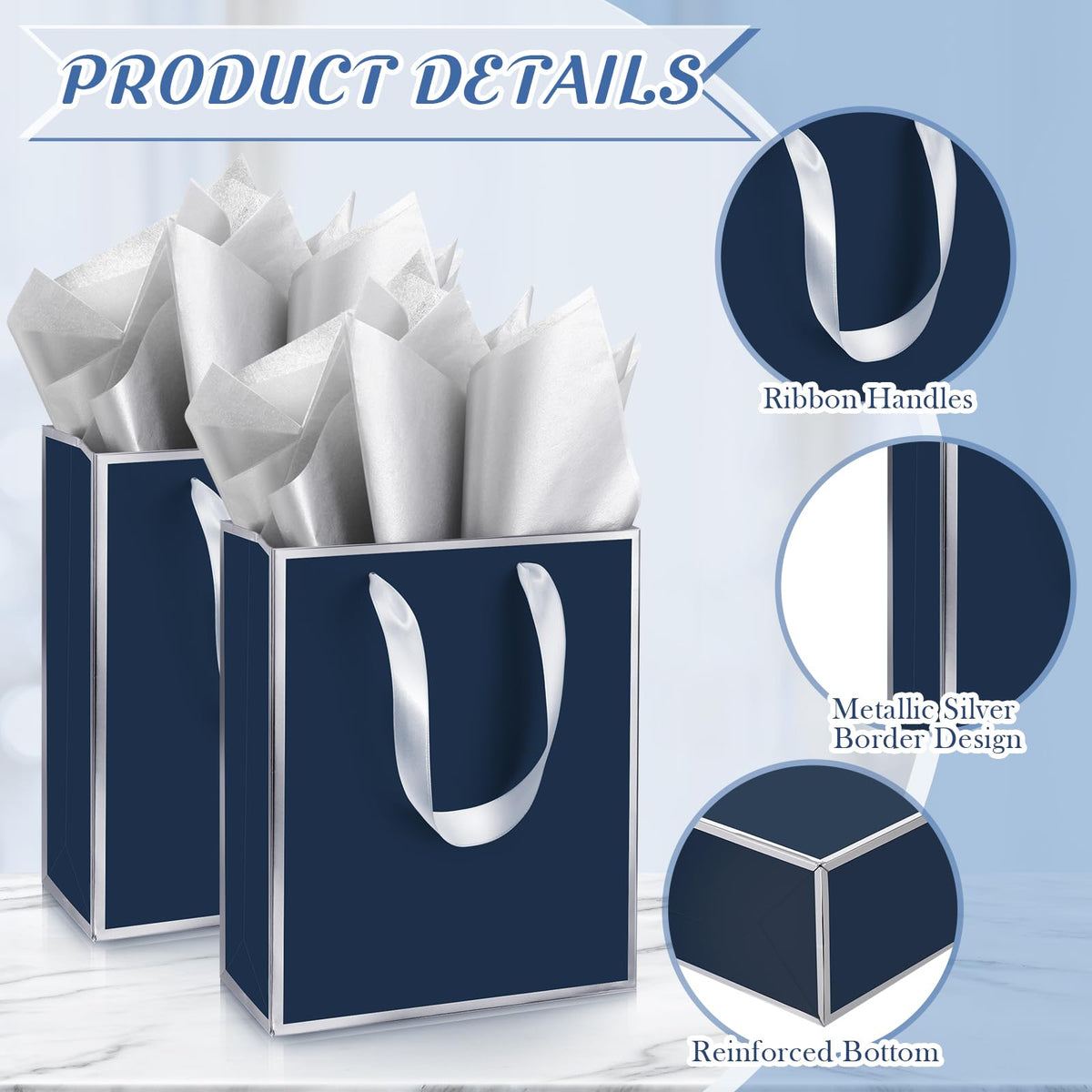 10 Pack Paper Gift Bags with Handle Tissue Paper, Navy Blue, Silver