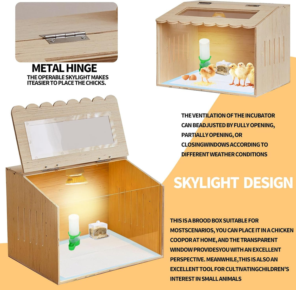 Wooden Chicken Brooder Box Kit with Heating Lamp, Thermometer, Food & Water Feeders, 15.7x11.8x11.8 Inch, Complete
