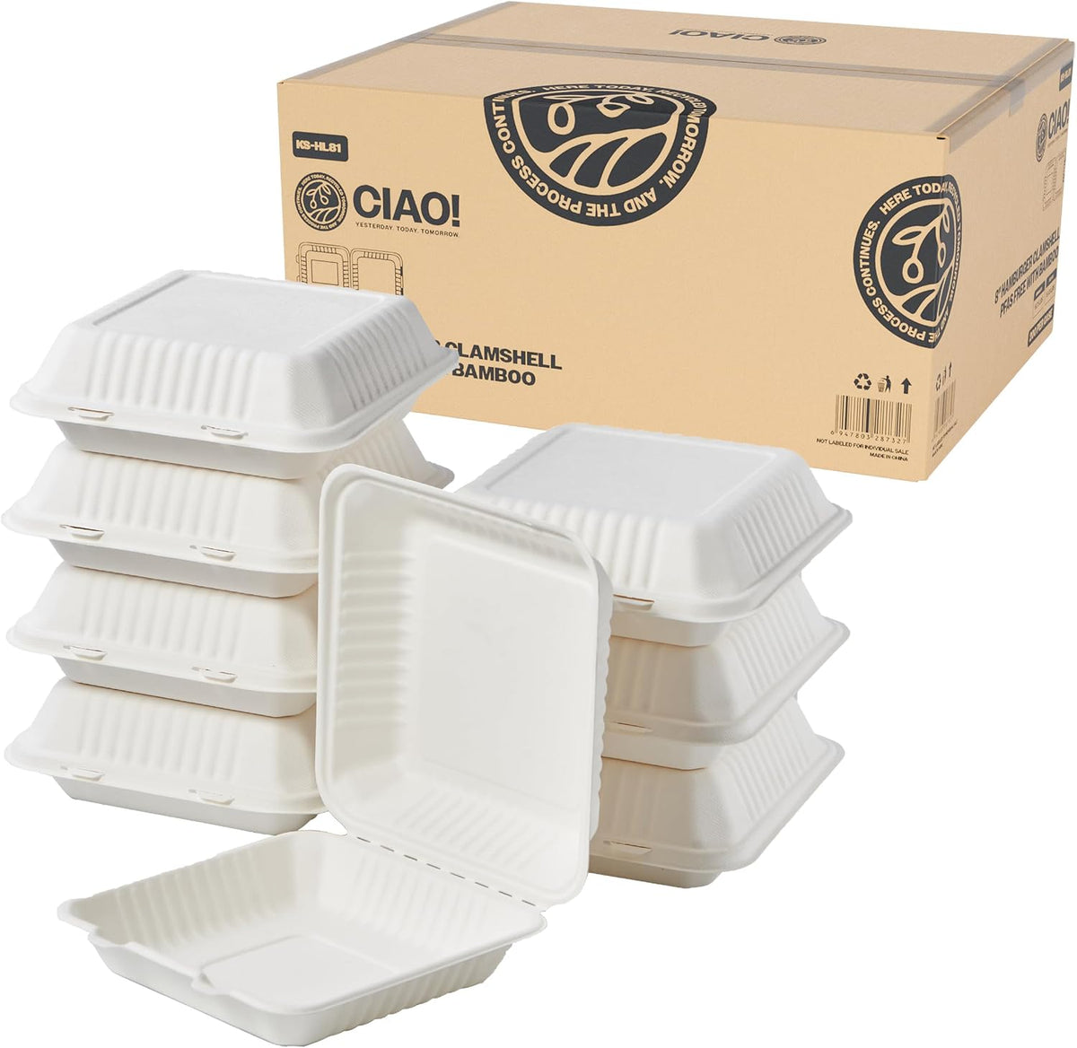 8"x8"x3" Clamshell 1 Compartment 100% Compostable Ecofriendly PFAS Free Unbleached Bagasse Natural White (200/case)