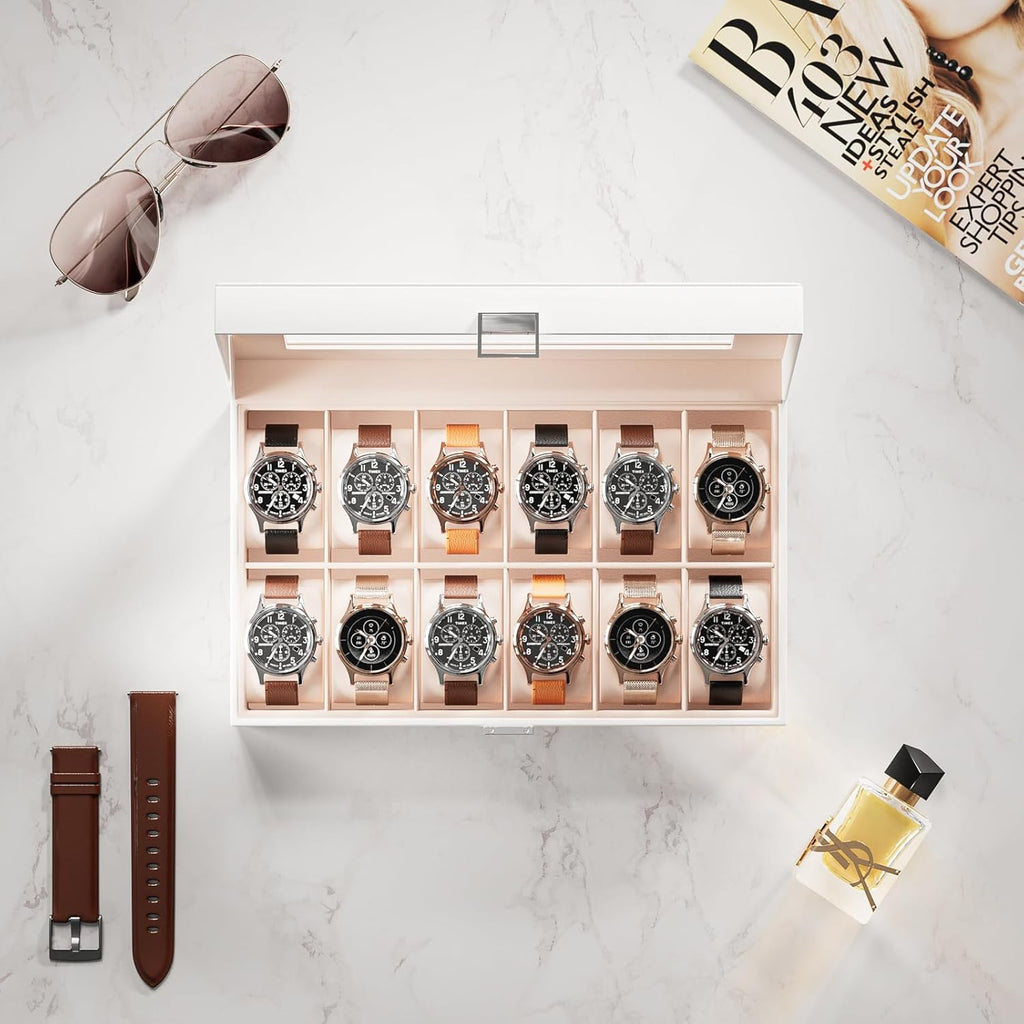 Watch Box Organizer, 12 Slot Watch Display Case, White | Watches Storage Boxes Holder for Men Women, Large Glass Lid