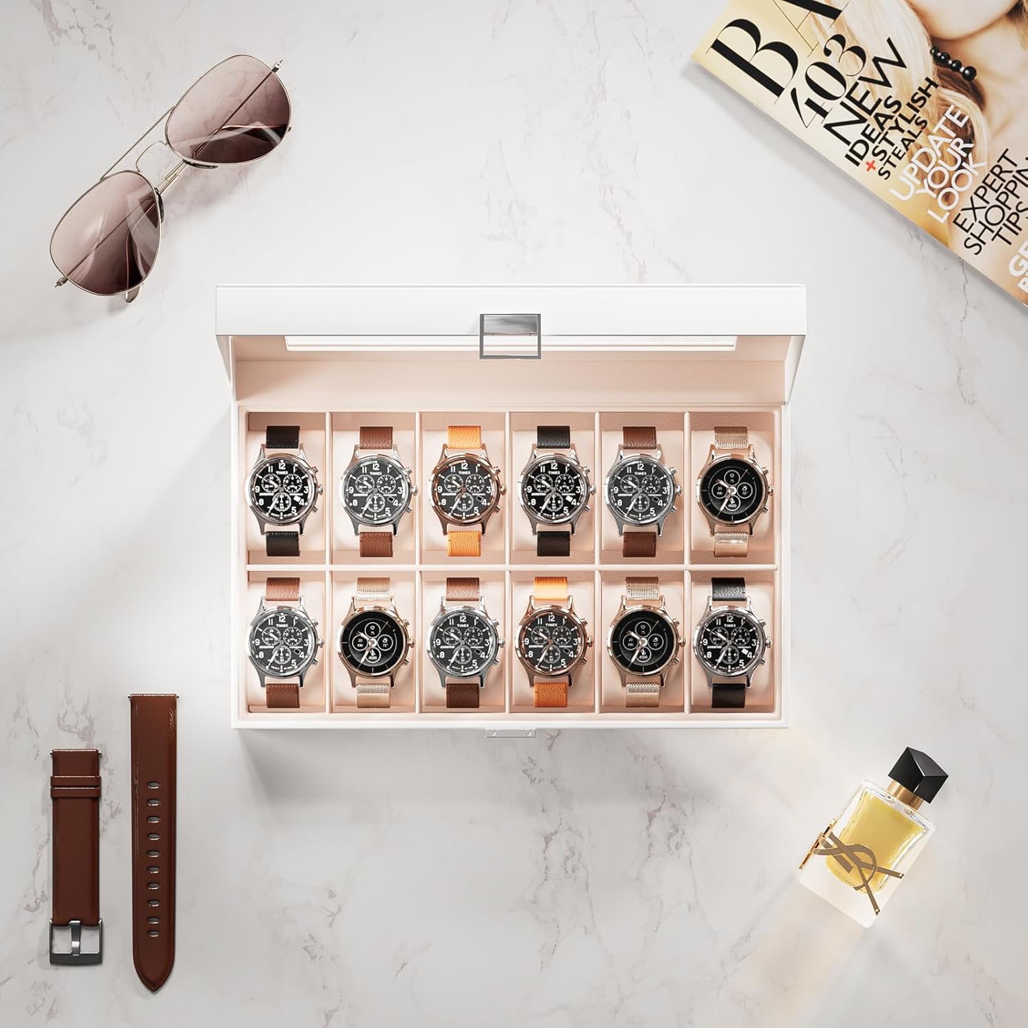 Watch Box Organizer, 12 Slot Watch Display Case, White | Watches Storage Boxes Holder for Men Women, Large Glass Lid