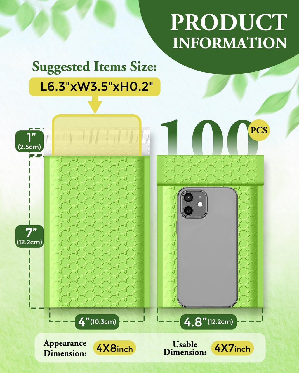Green Bubble Mailers 4x8 100 Pack, Self Seal Padded Envelopes