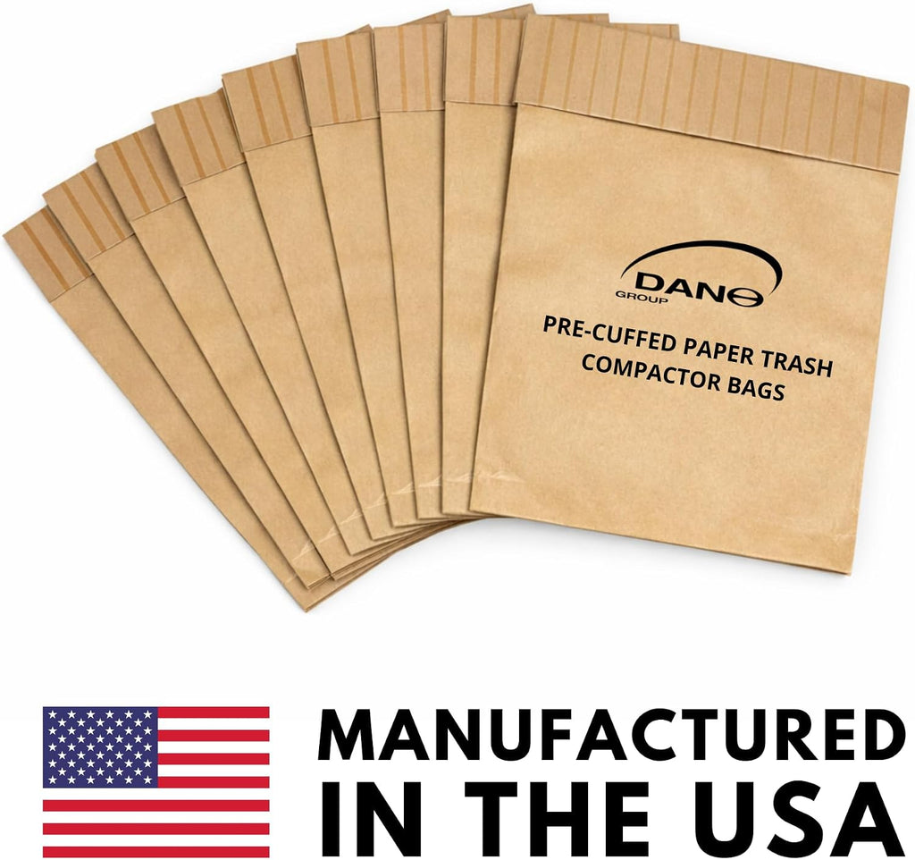 Dano Pre-Cuffed Paper Trash Compactor Bags (12 Pack) | Heavy Duty Kitchen Garbage Compactor Bags & Liners | 11 Gallon