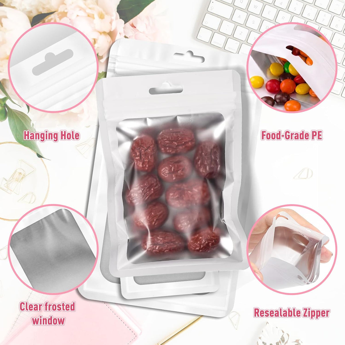 300 Pcs Mylar Bags 3 Size, White Resealable Smell Proof Bag Sealable