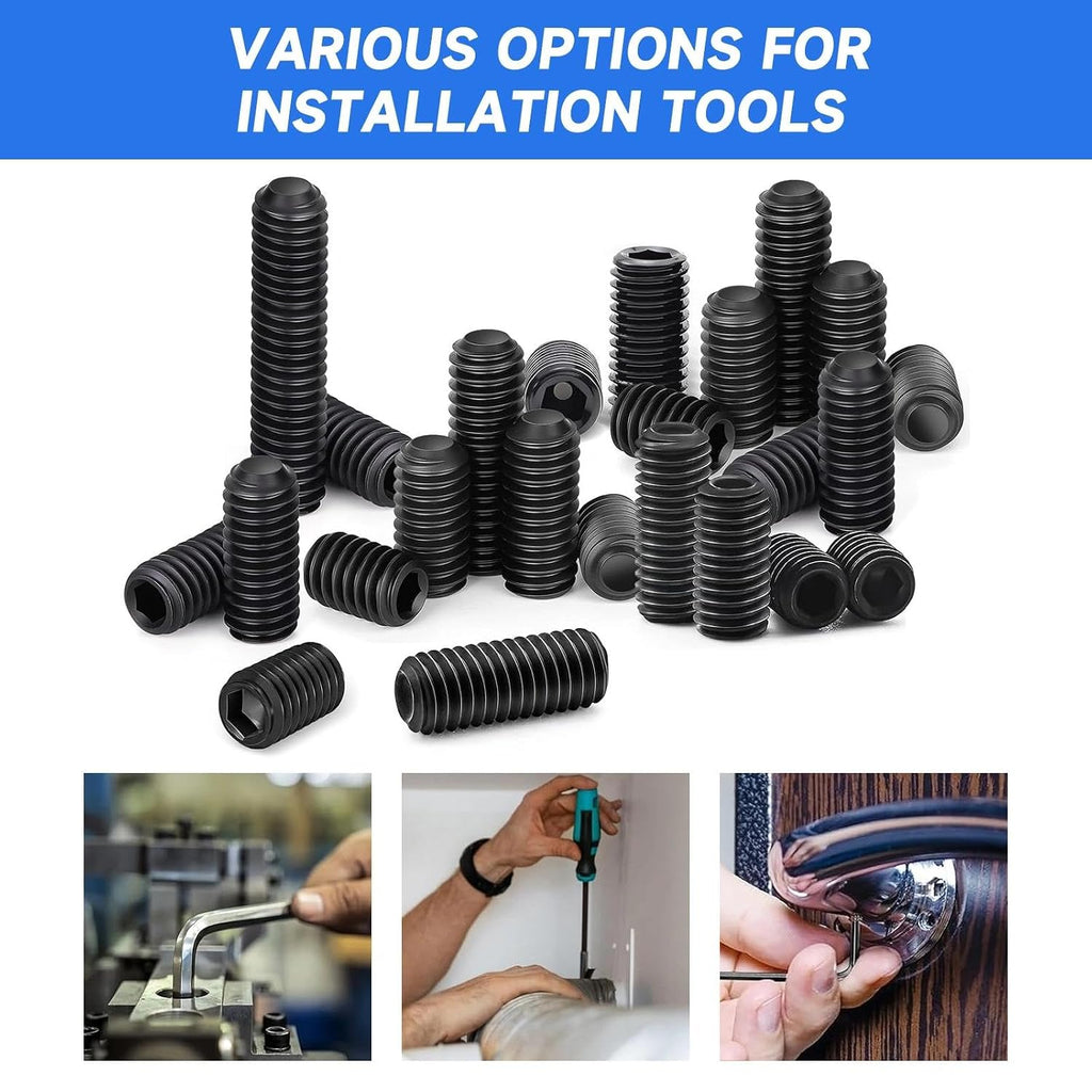 200Pcs M3 Set Screw, Carbon Steel Socket Cup Screw Kit, 8 Common Sizes Headless Hex Socket Screws Set for Fastening and Connecting Objects, Black Flat End