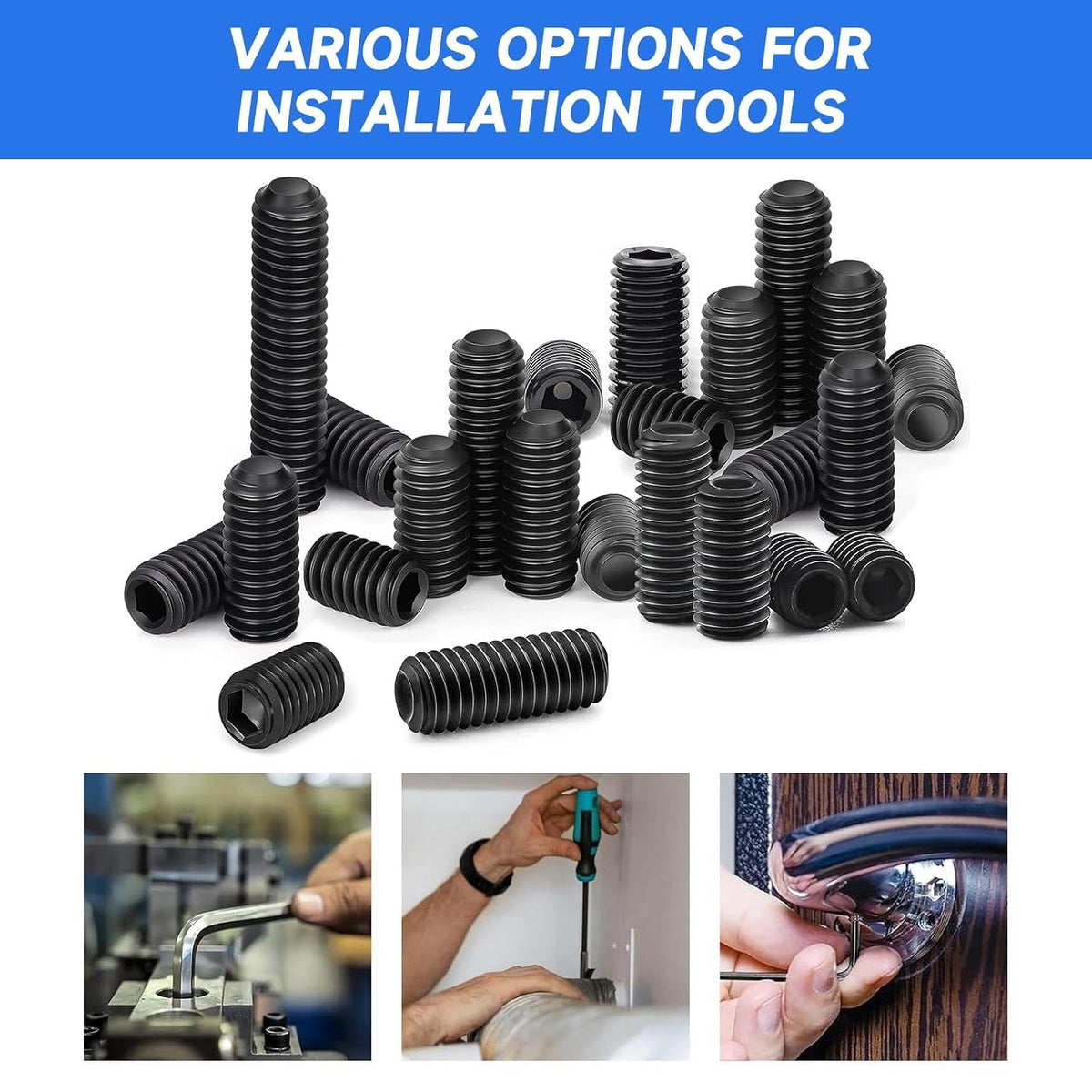 200Pcs M3 Set Screw, Carbon Steel Socket Cup Screw Kit, 8 Common Sizes Headless Hex Socket Screws Set for Fastening and Connecting Objects, Black Flat End