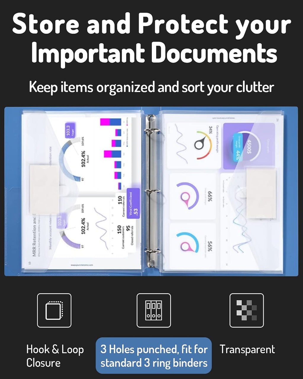 Binder Pocket, 10 Pack Super Heavyweight Plastic Folders | Tight Closure Binder Sleeves, Folders with Pockets Side