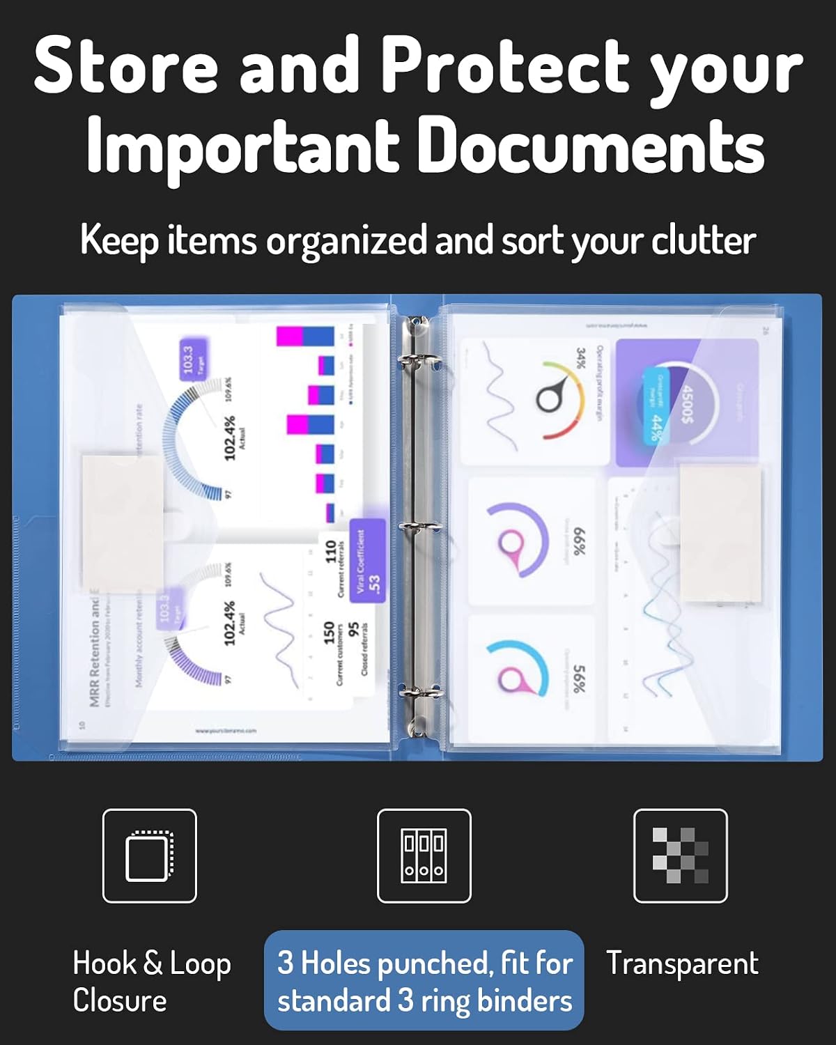 Binder Pocket, 10 Pack Super Heavyweight Plastic Folders | Tight Closure Binder Sleeves, Folders with Pockets Side