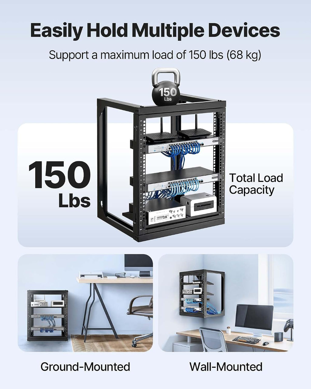 VEVOR 12U Wall Mount Server Rack, 150 lbs Max Load Capacity, Open Frame Network Rack with 180 Degrees Gate Swing, Carbon Steel, for 19-Inch IT Network Equipment & AV Devices Computer Server, Black