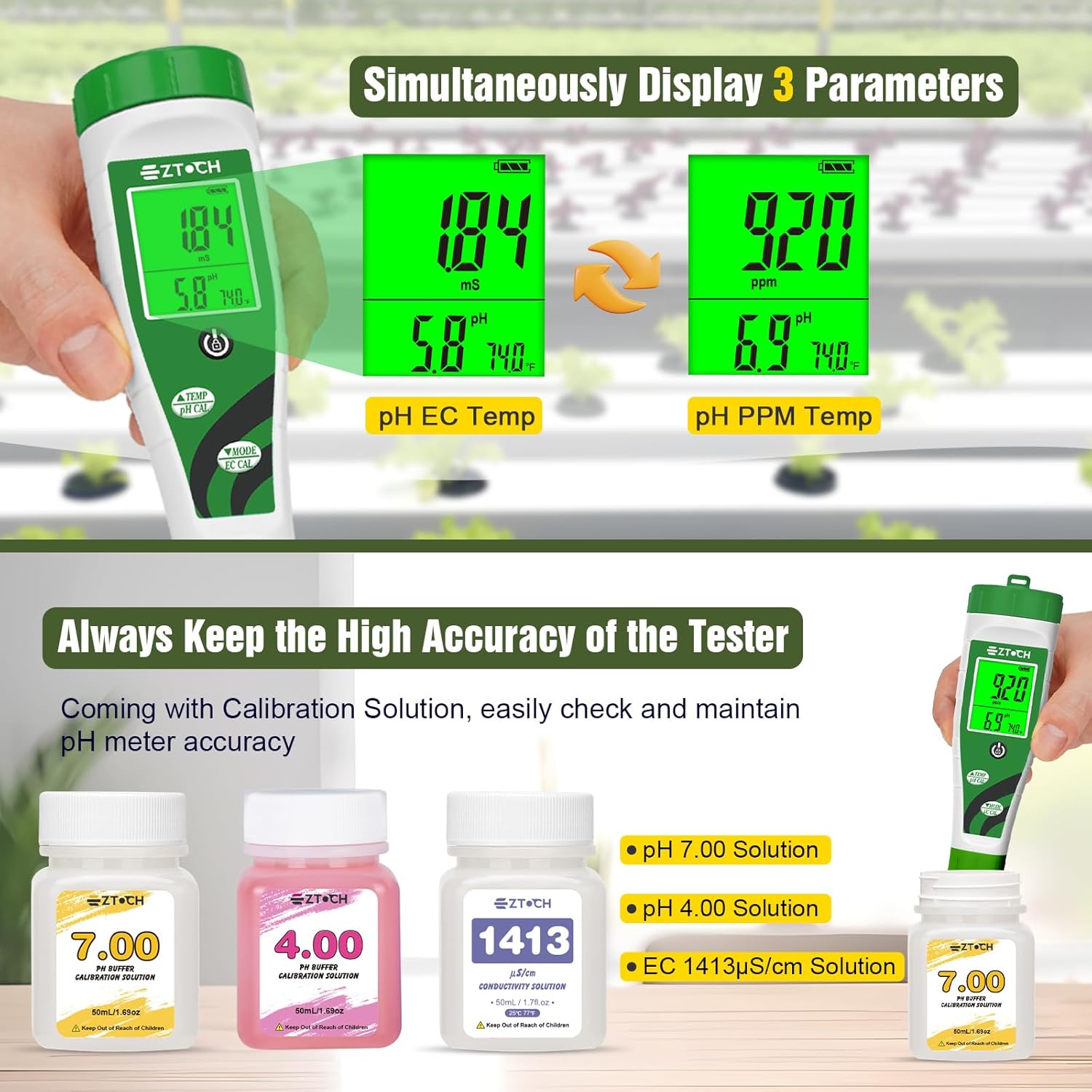 Hydroponic pH EC Meter, Water pH TDS PPM Meter
