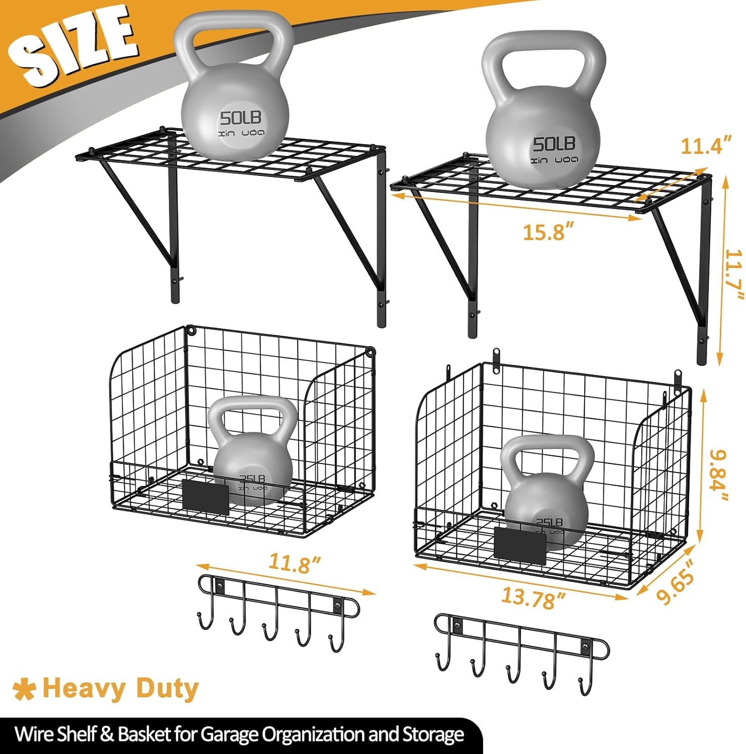 2 Pack Garage Shelves Wall Mounted with Wire Baskets, Heavy Duty Garage Wall Shelving with Hooks, Wire Shelf Baskets