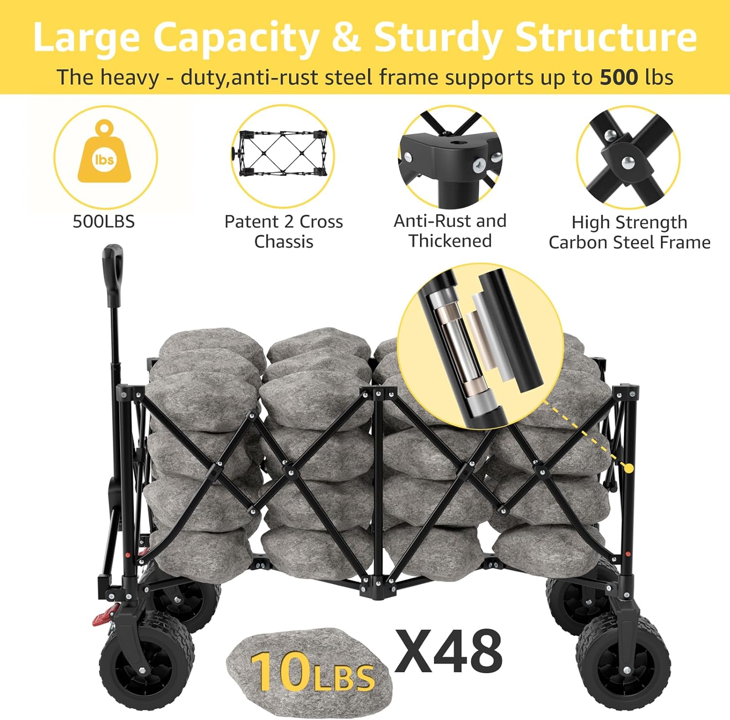 Collapsible Wagon Cart with Wheels Foldable - Folding Utility Heavy Duty Wagons Carts for Grocery Sports Garden