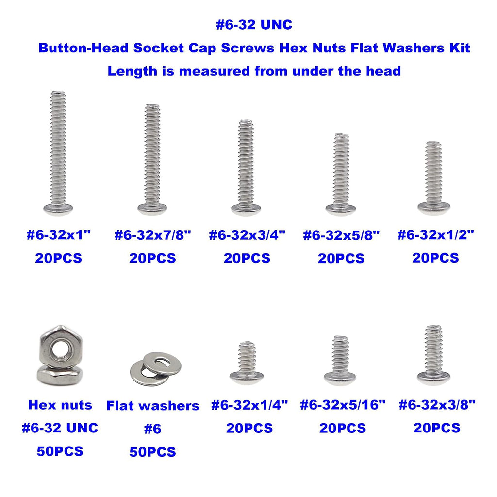 #6-32 UNC Stainless Steel Button-Head Socket Cap Screws Hex Nuts Flat Washers Assortment Kit