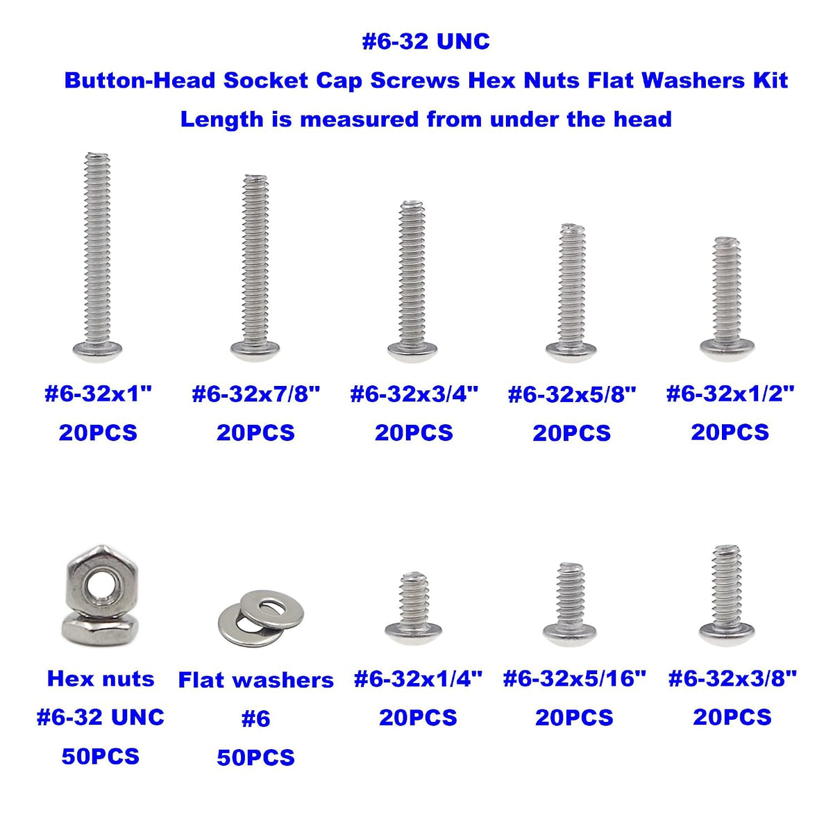 #6-32 UNC Stainless Steel Button-Head Socket Cap Screws Hex Nuts Flat Washers Assortment Kit