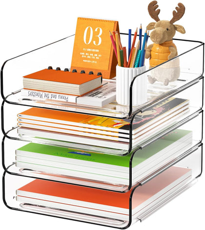 4-Tier Acrylic Paper Tray Organizer, Clear Stackable Desk File Organizer for Documents, Files, Letters, A4 Paper