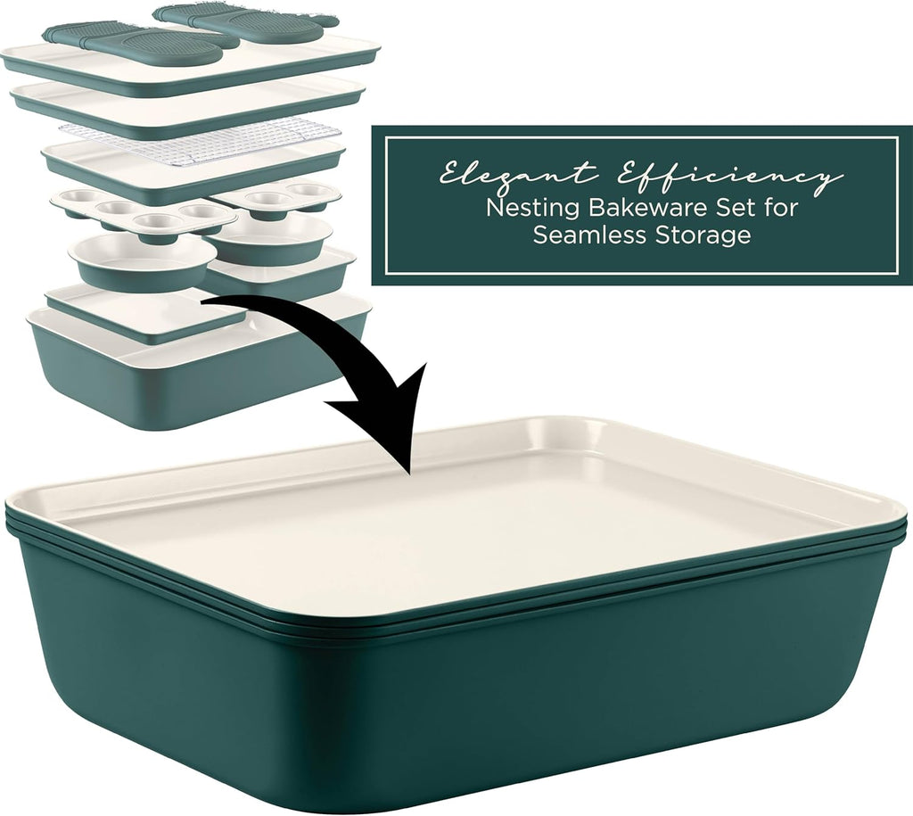 Nonstick Stackable Bakeware Set - Deluxe Heavy Duty, Durable, Easy Release Baking Set, Sage, 13 Pcs