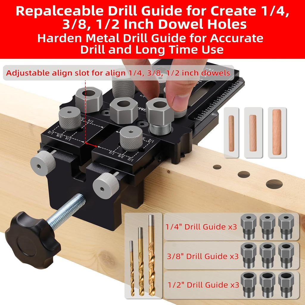 Dowel Jig Kit with Quick Positive Stop and Clamp, Adjustable Doweling Jig for Drill 1/4, 3/8 and 1/2 Inch Accurate