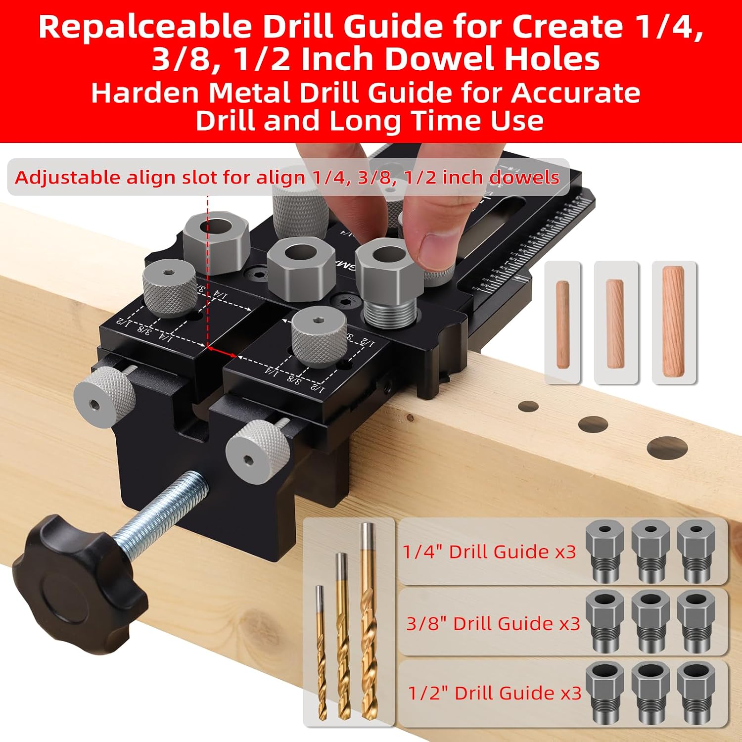 Dowel Jig Kit with Quick Positive Stop and Clamp, Adjustable Doweling Jig for Drill 1/4, 3/8 and 1/2 Inch Accurate