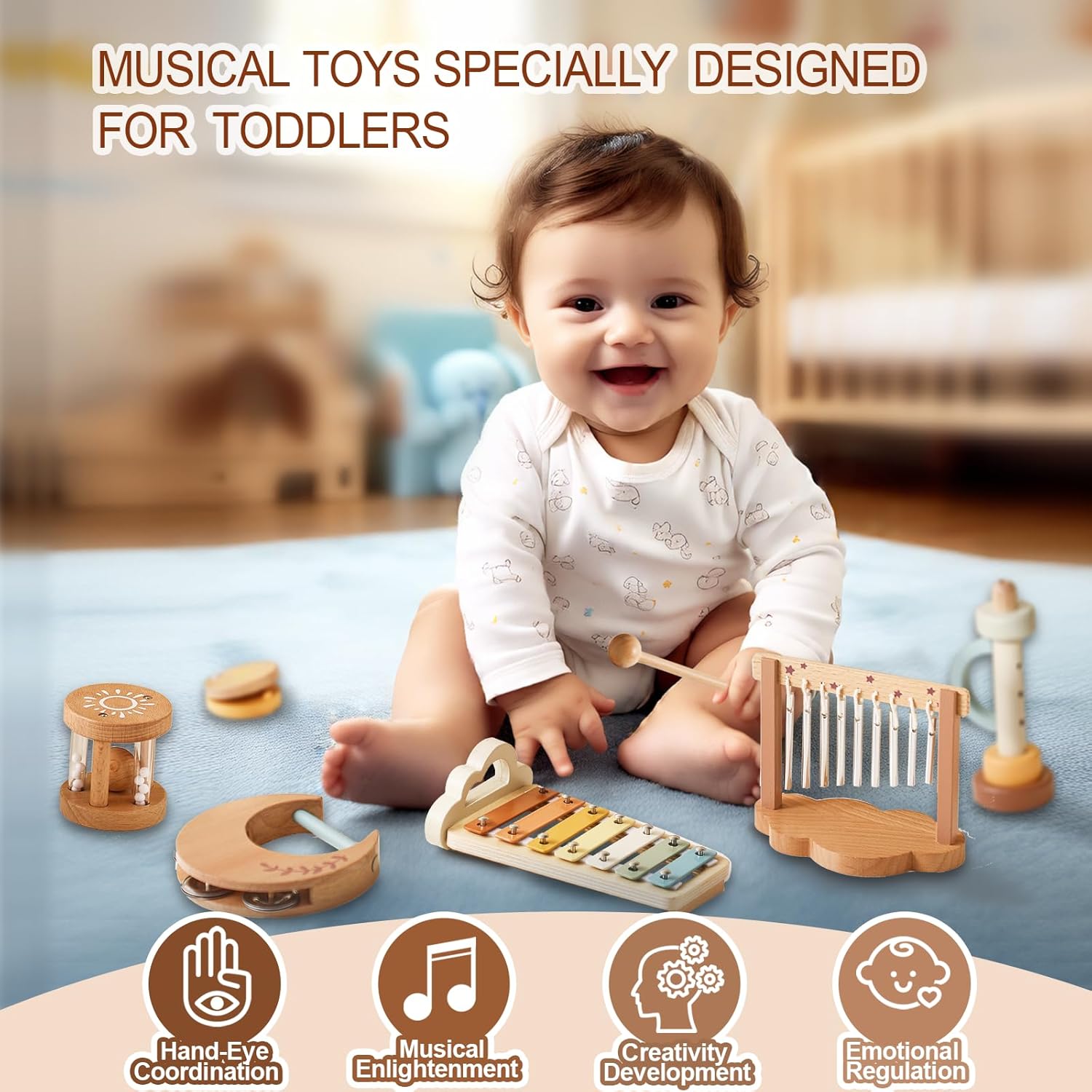 Baby Montessori Musical Instruments,Wooden Percussion Xylophone Musical Toys for Toddlers,Sensory Toys for Kids