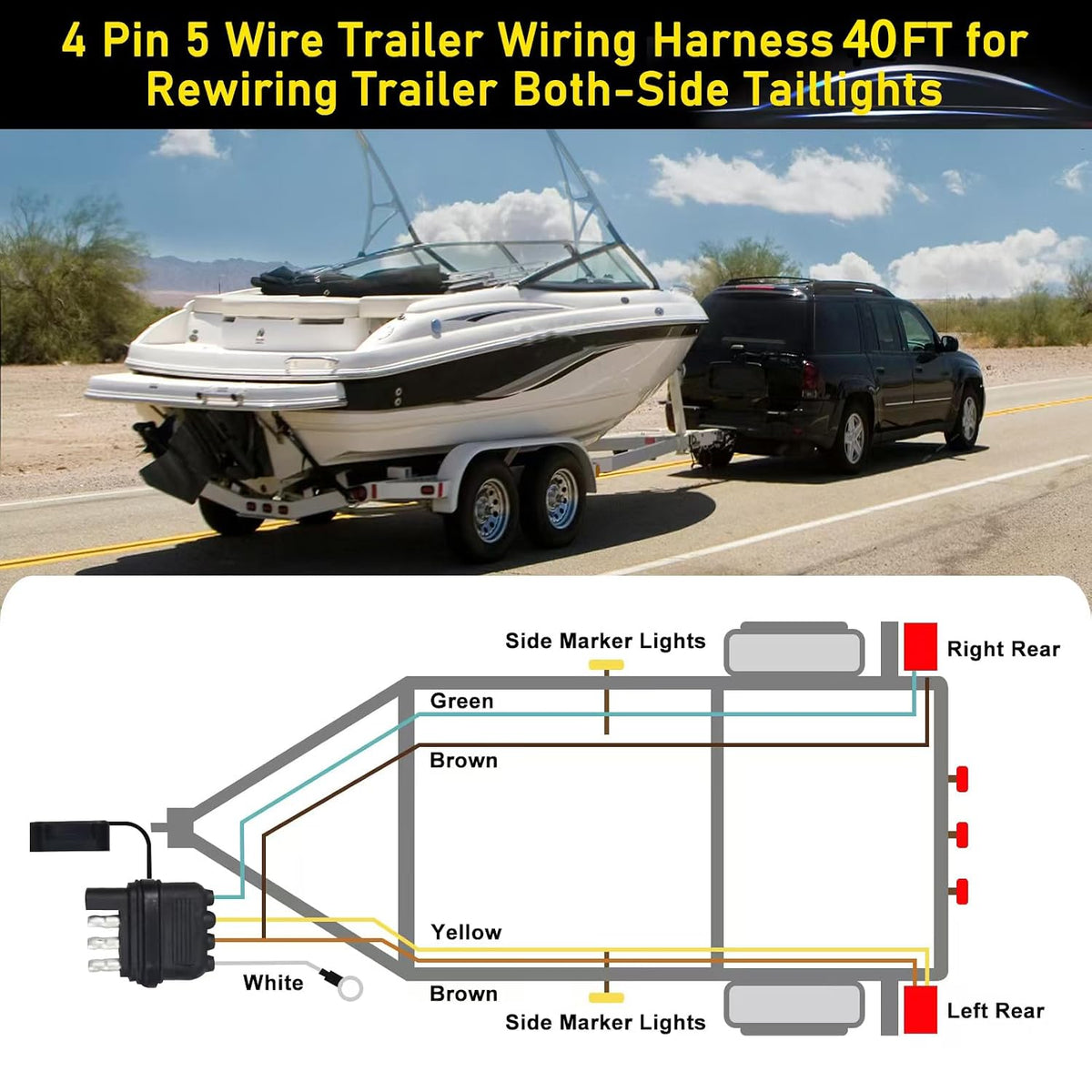4 Pin 5 Wire Trailer Wiring Harness Kit 40FT - 18AWG Pure Copper Wires with Tinned Ends to Prevent Corrosion, for