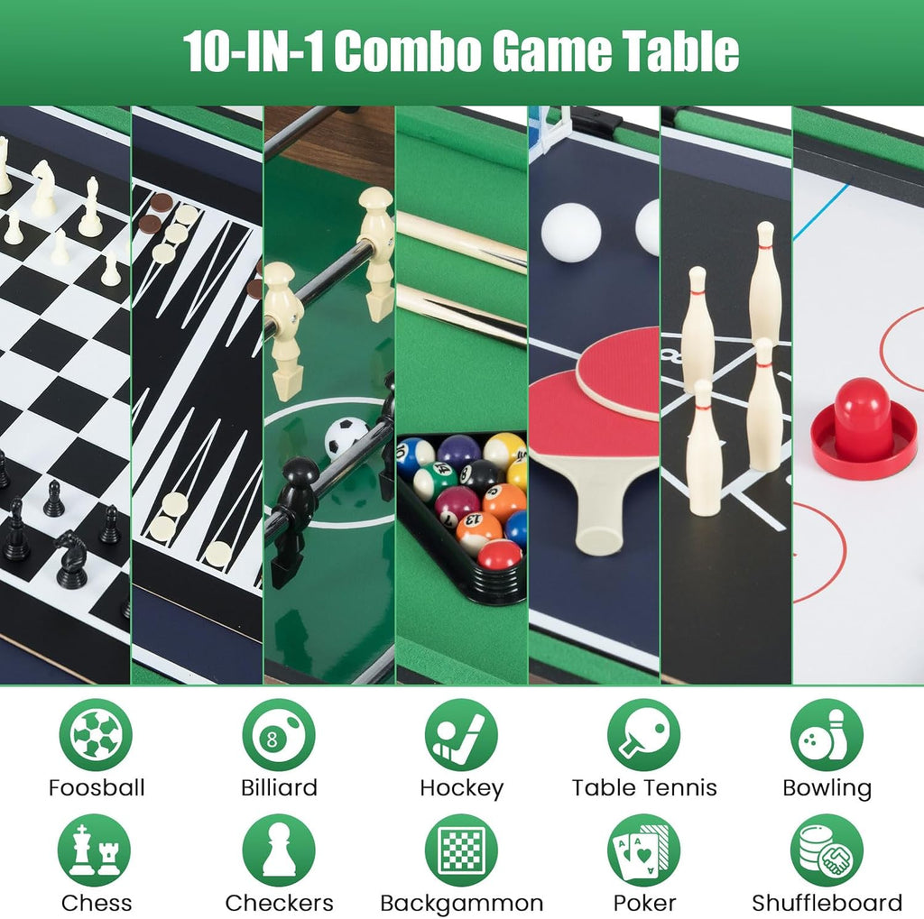 10-in-1 Multi Game Table, Combo Game Table Set w/Hockey, Foosball Pool Ping-Pong Chess Cards Checkers Bowling