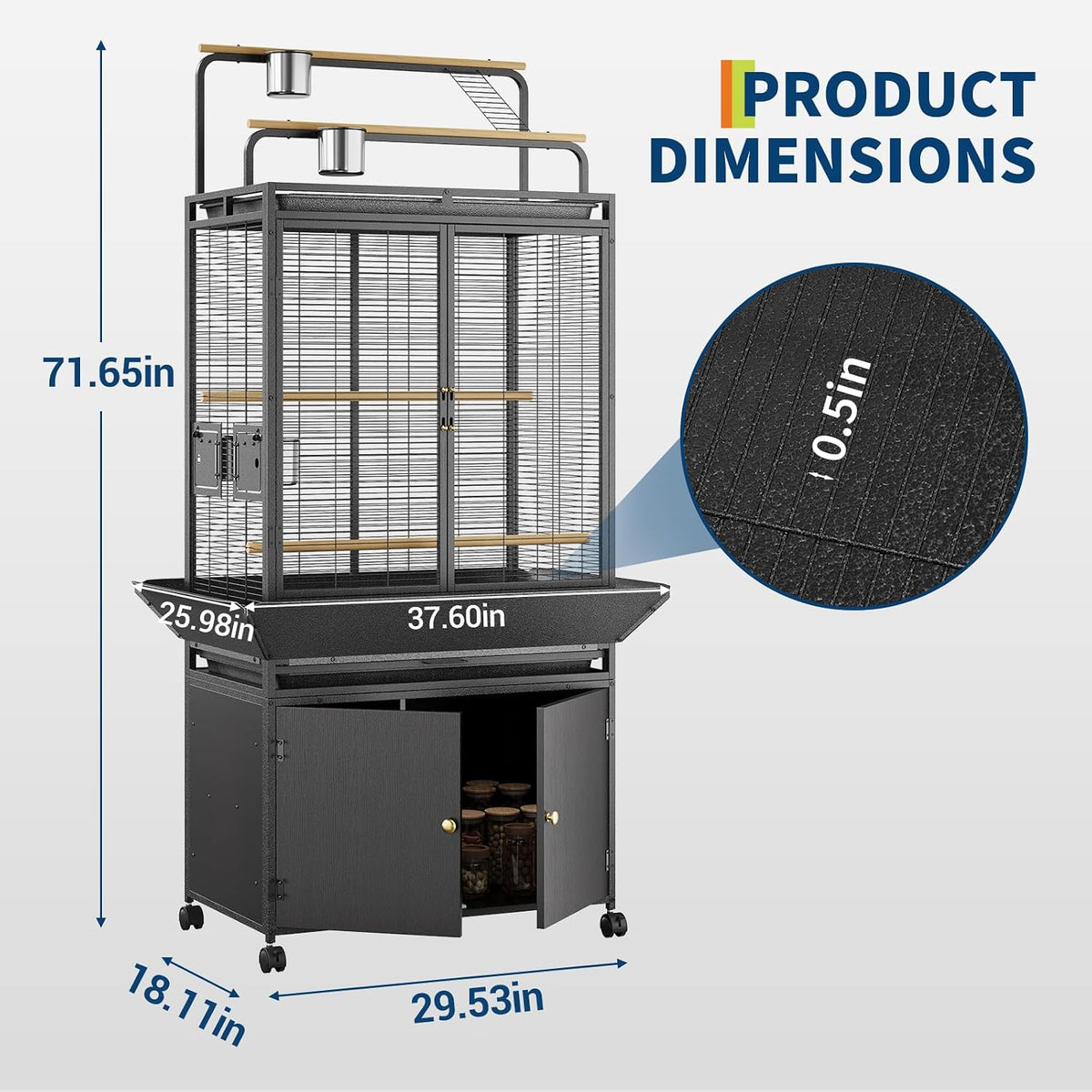 71" H Rolling Bird Cage,Large Rolling Birdcage with Top Stand & Storage Cabinet,Black Walnut Wood Parakeet Cage for