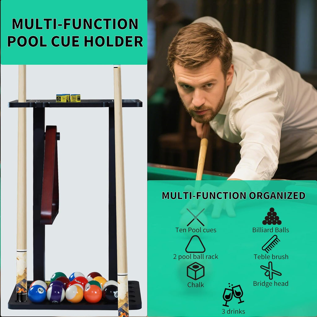 Pool Stick Holder with Multiple Storage, Floor-Standing Pool Cue Rack for 10 Cues, Pool Balls and Accessories, Wooden